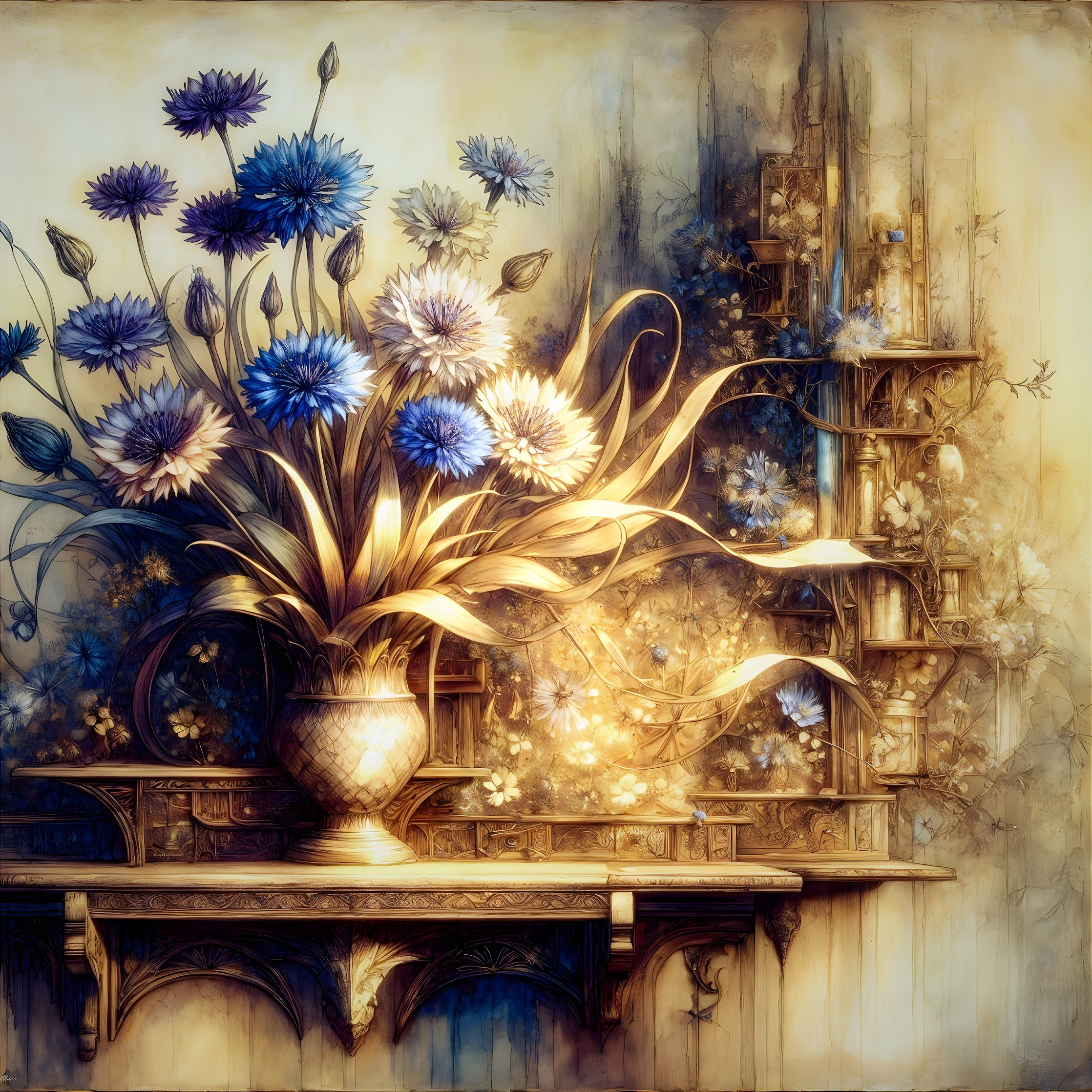 Ornate vase with blue and white flower arrangement