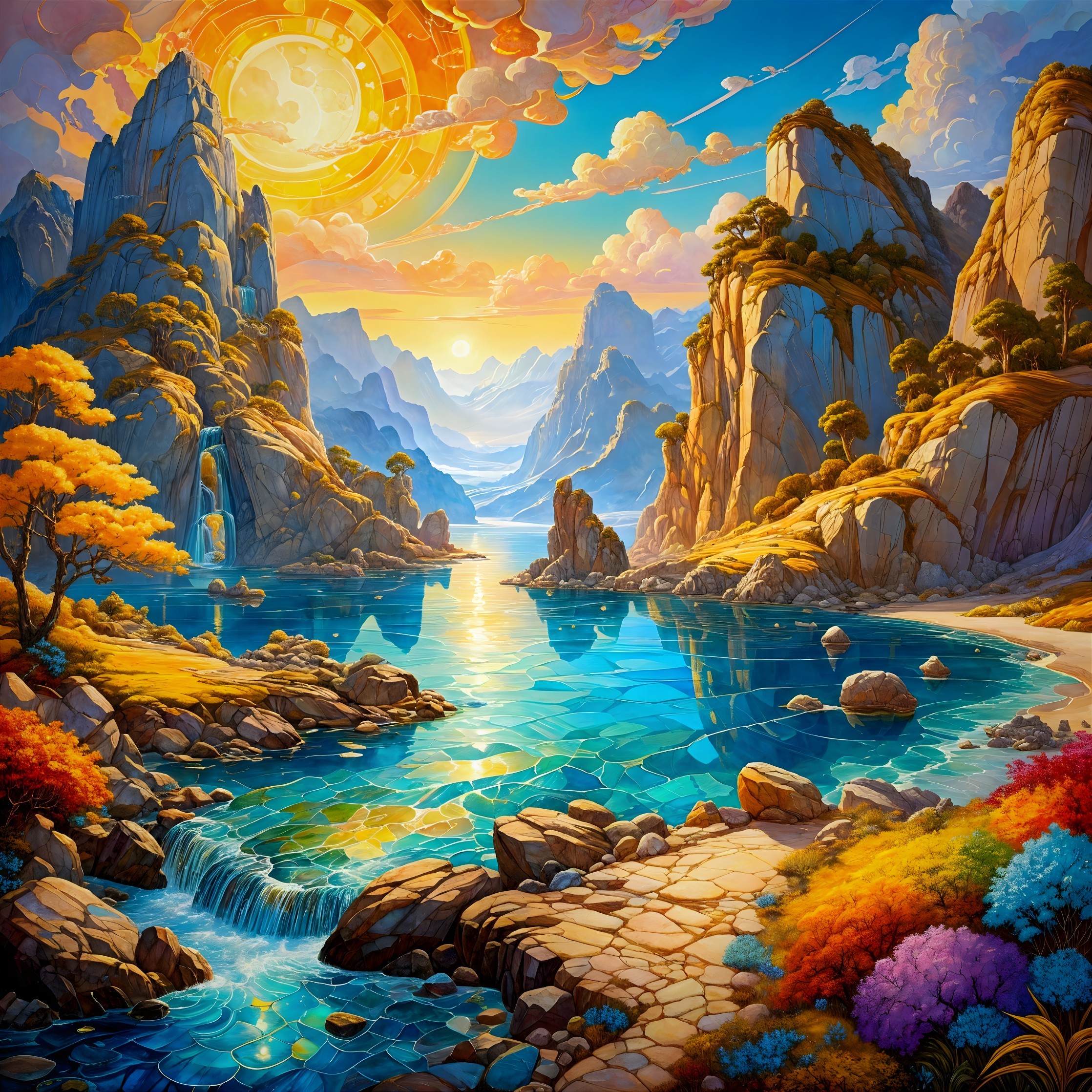 Vibrant Landscape with Mountains, Lake, and Waterfall