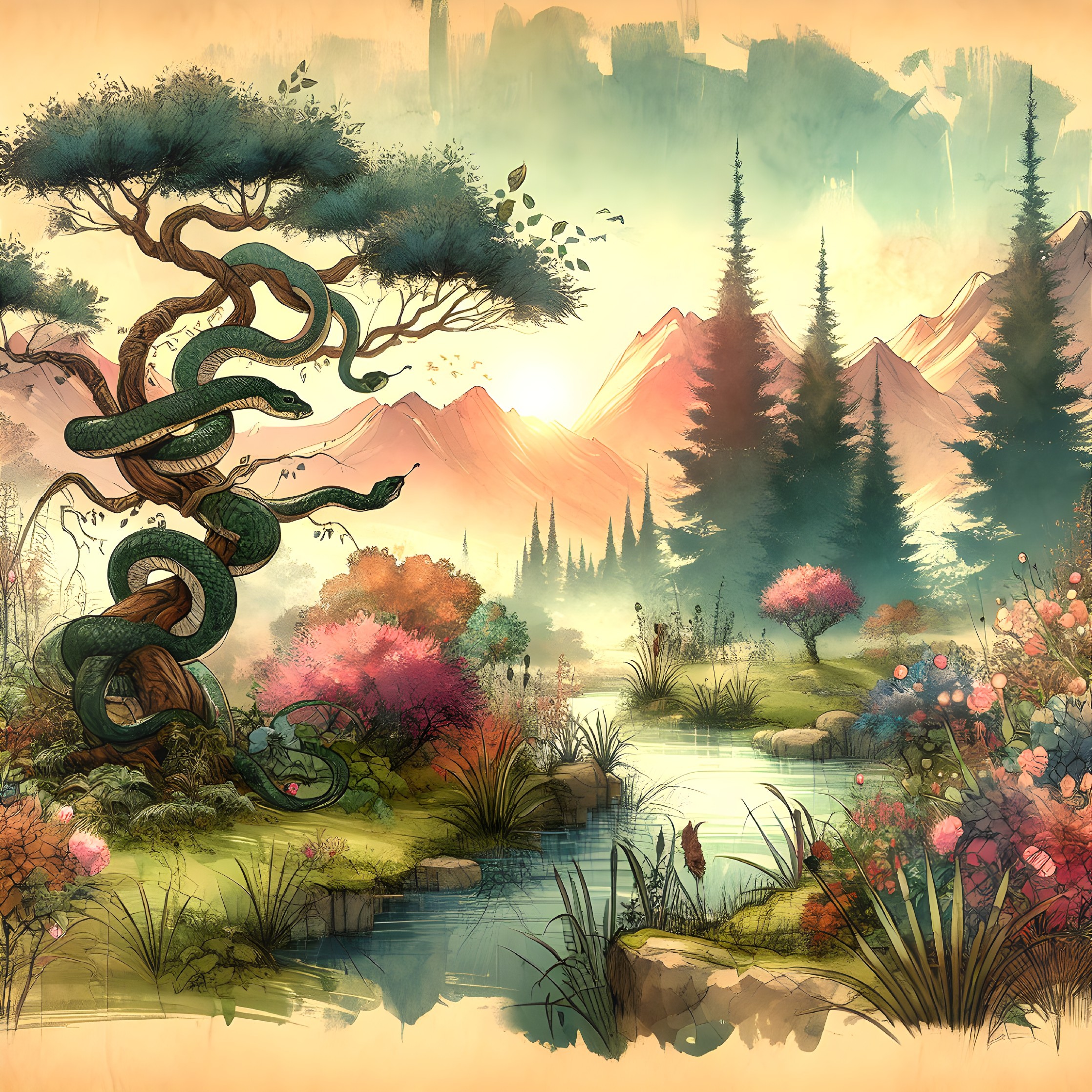 Serene Landscape with River, Mountains, and Greenery