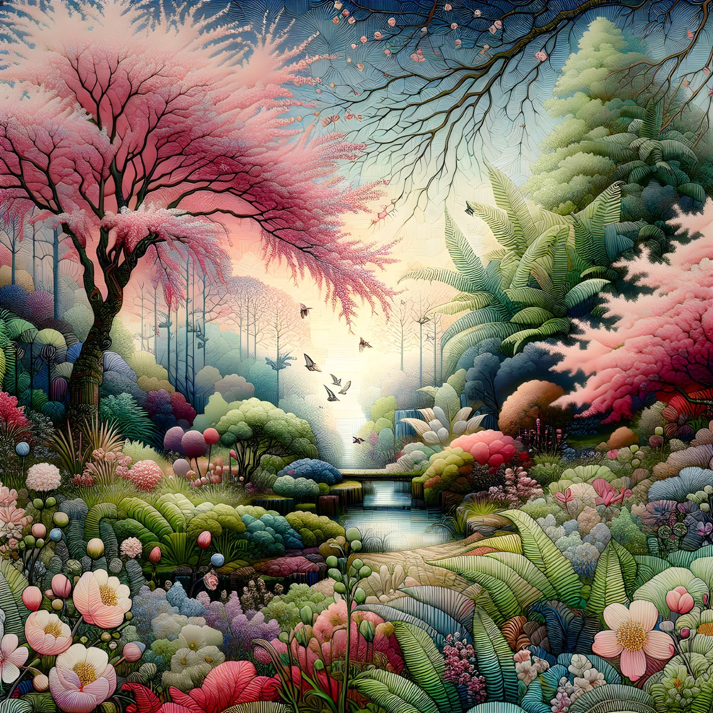 Vibrant Landscape with Lush Greenery and Flowers