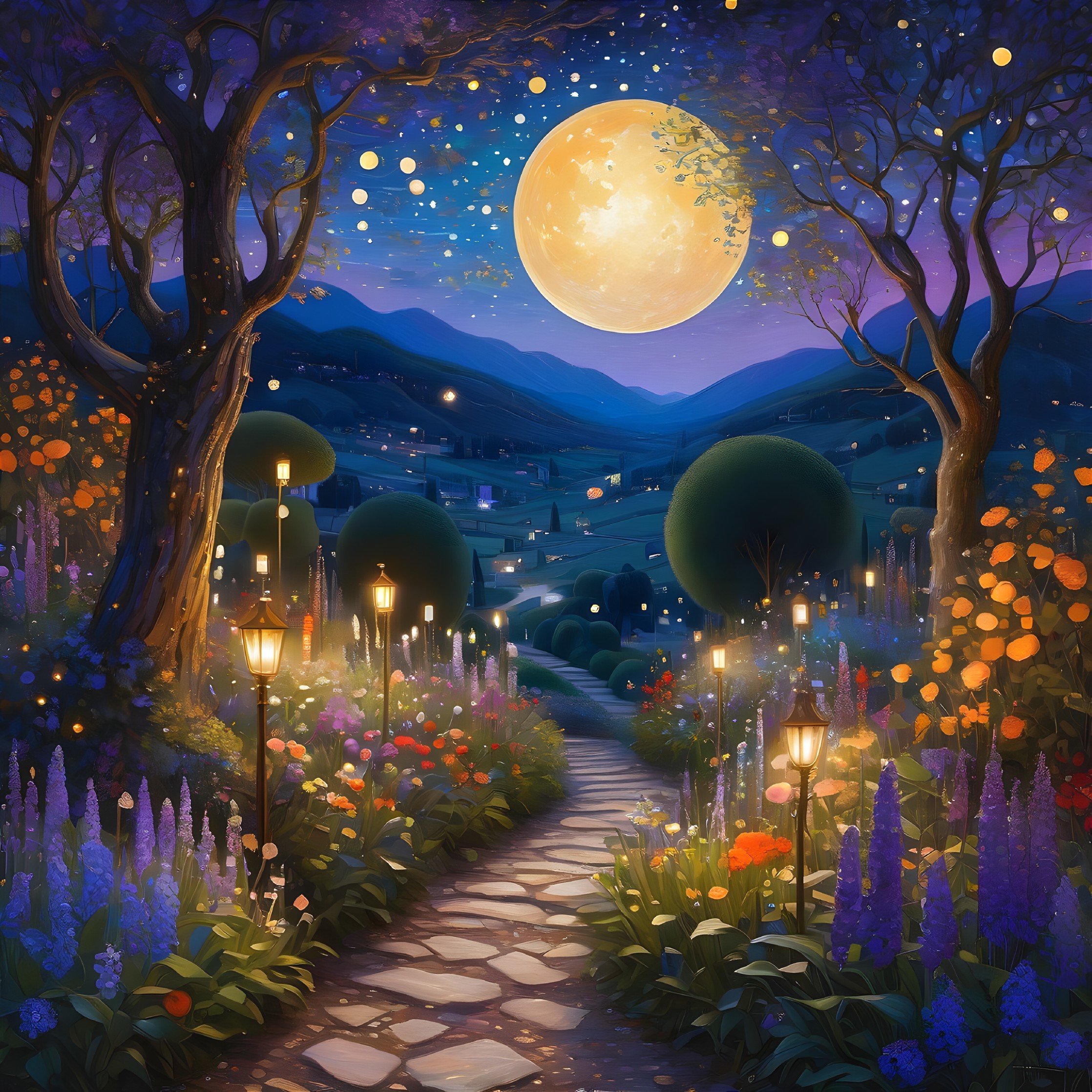 Serene Pathway in a Vibrant Moonlit Garden