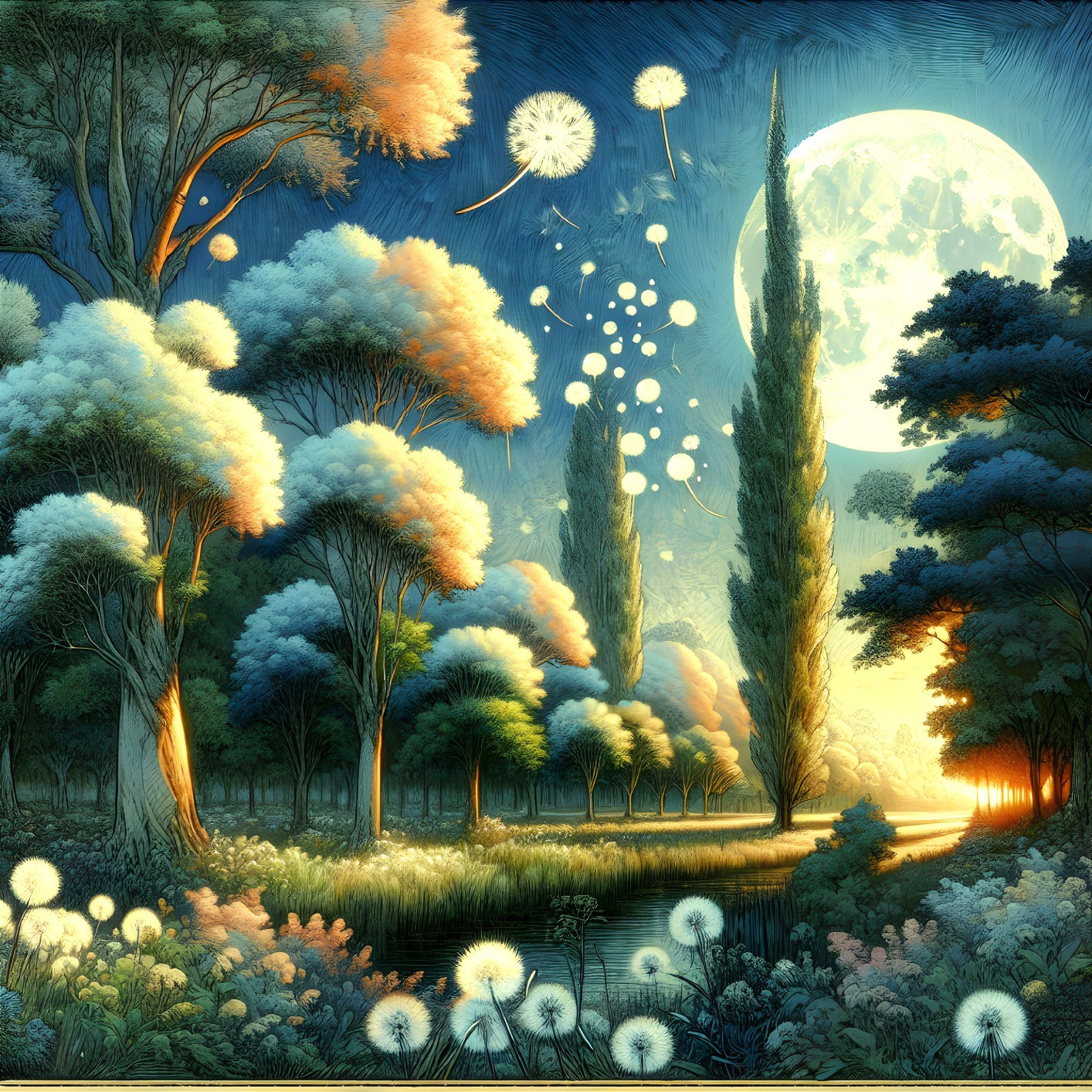Moonlit Landscape with Trees, Dandelions, and Stream