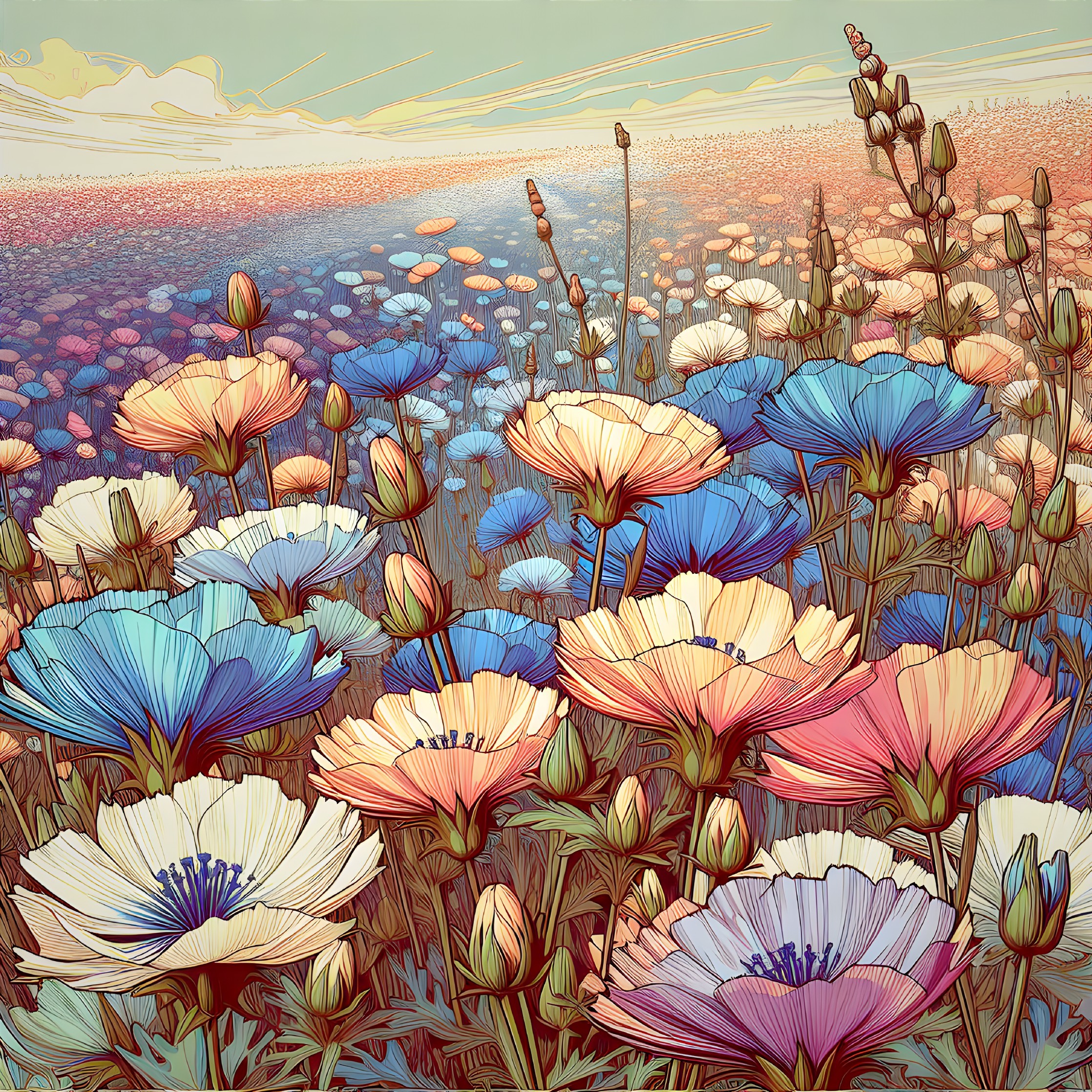 Vibrant Field of Blooming Flowers Under Pastel Sky