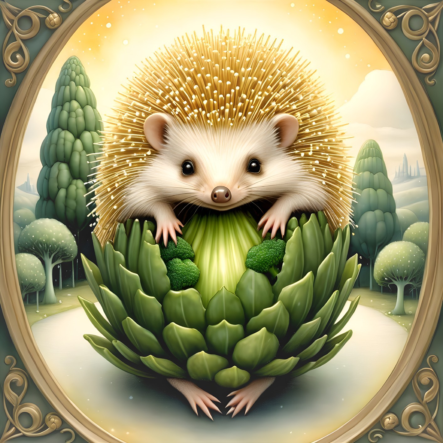 Whimsical Hedgehog in a Vibrant Artichoke Scene