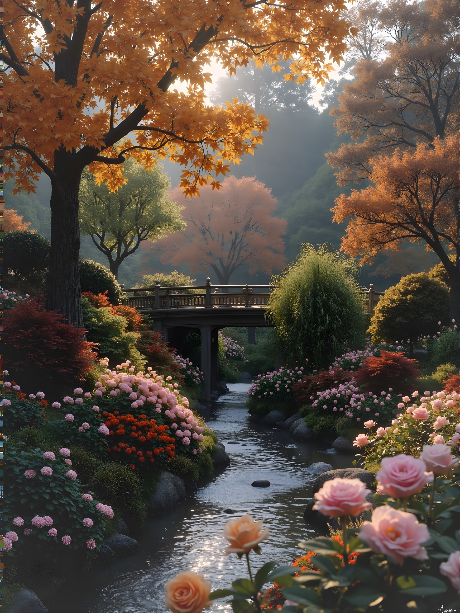 Serene Autumn Garden with Vibrant Colors and Stream