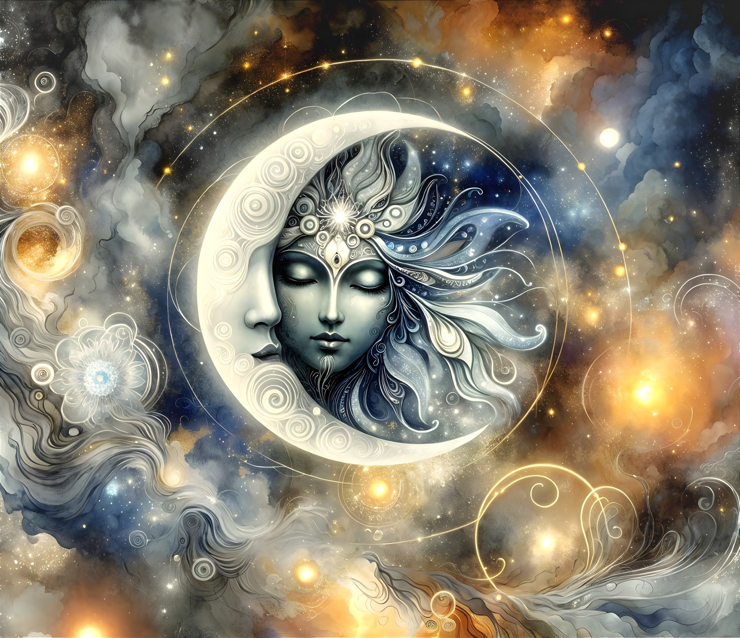 Crescent Moon with Serene Face in Cosmic Scene