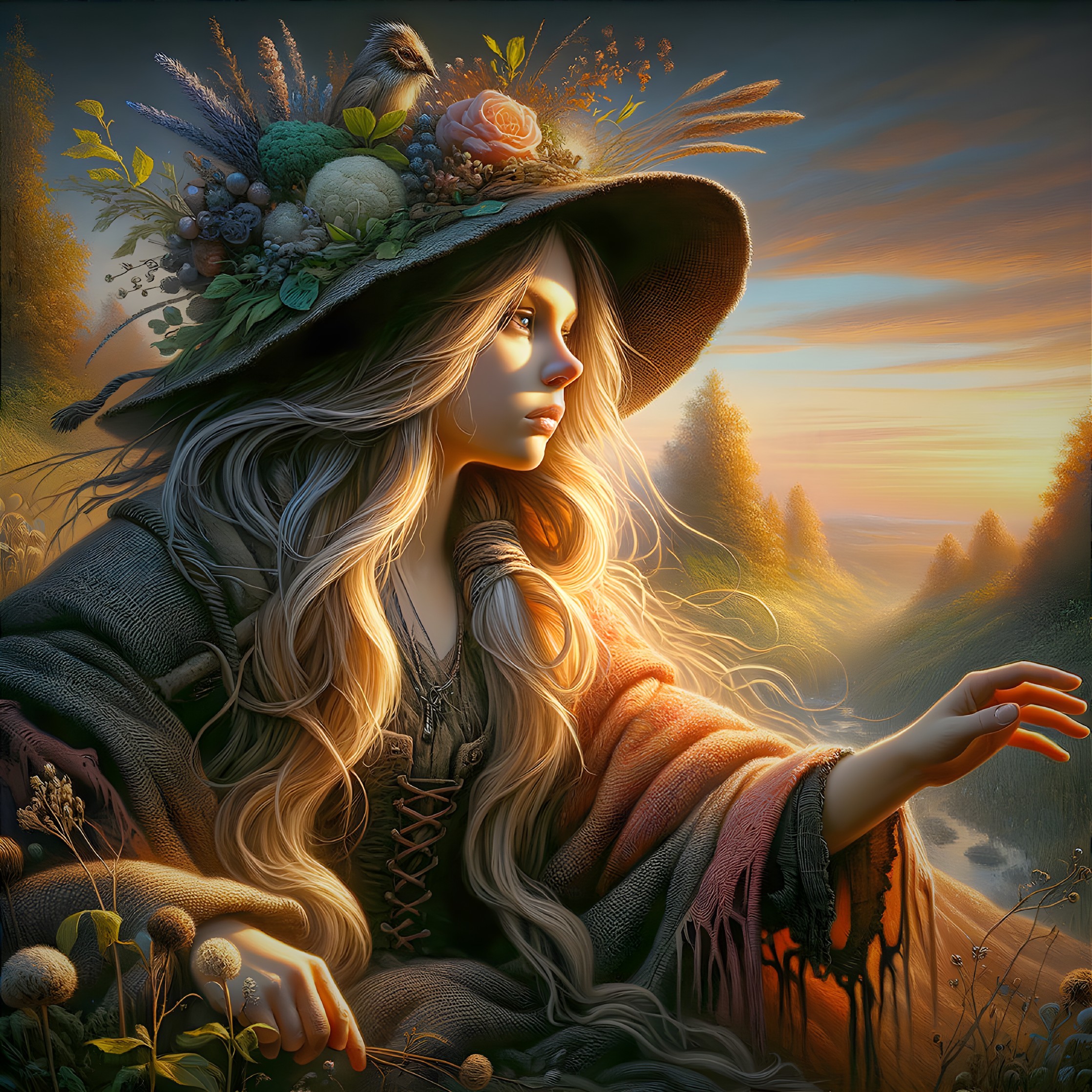 Mystical Figure in Sunset Landscape with Floral Cloak