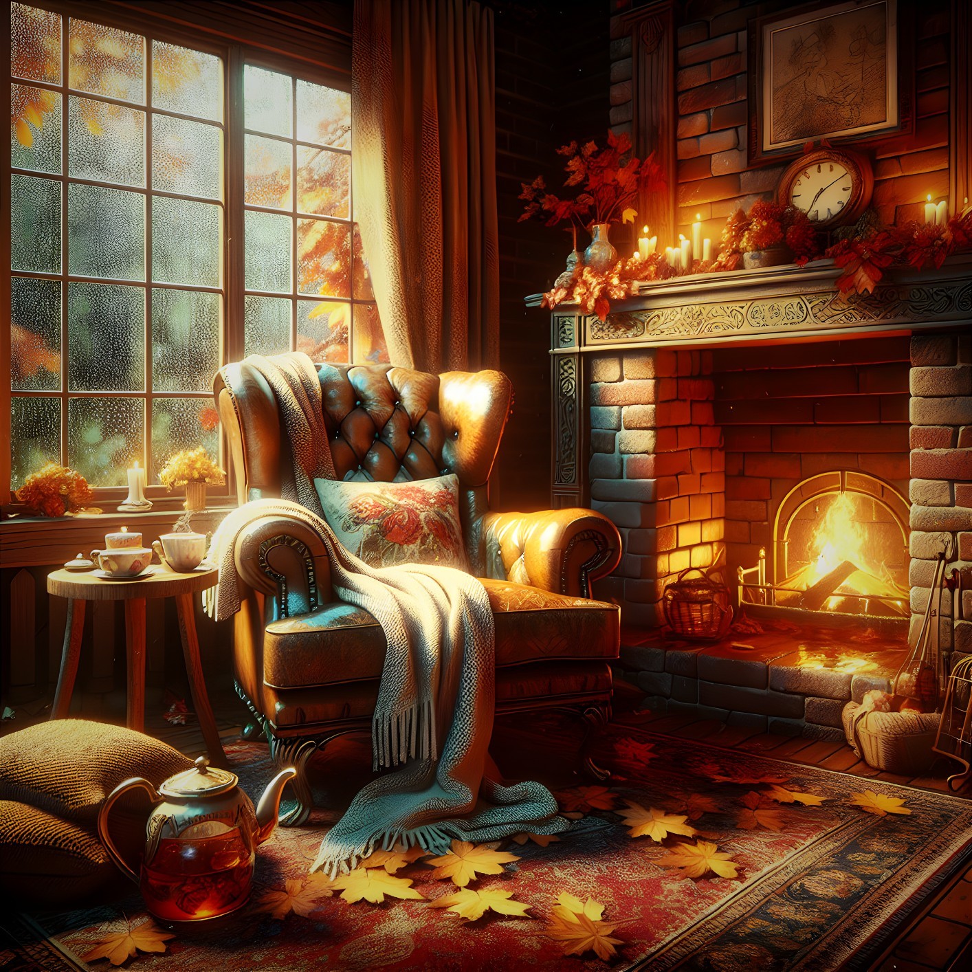 Cozy Autumn Scene with Armchair and Fireplace