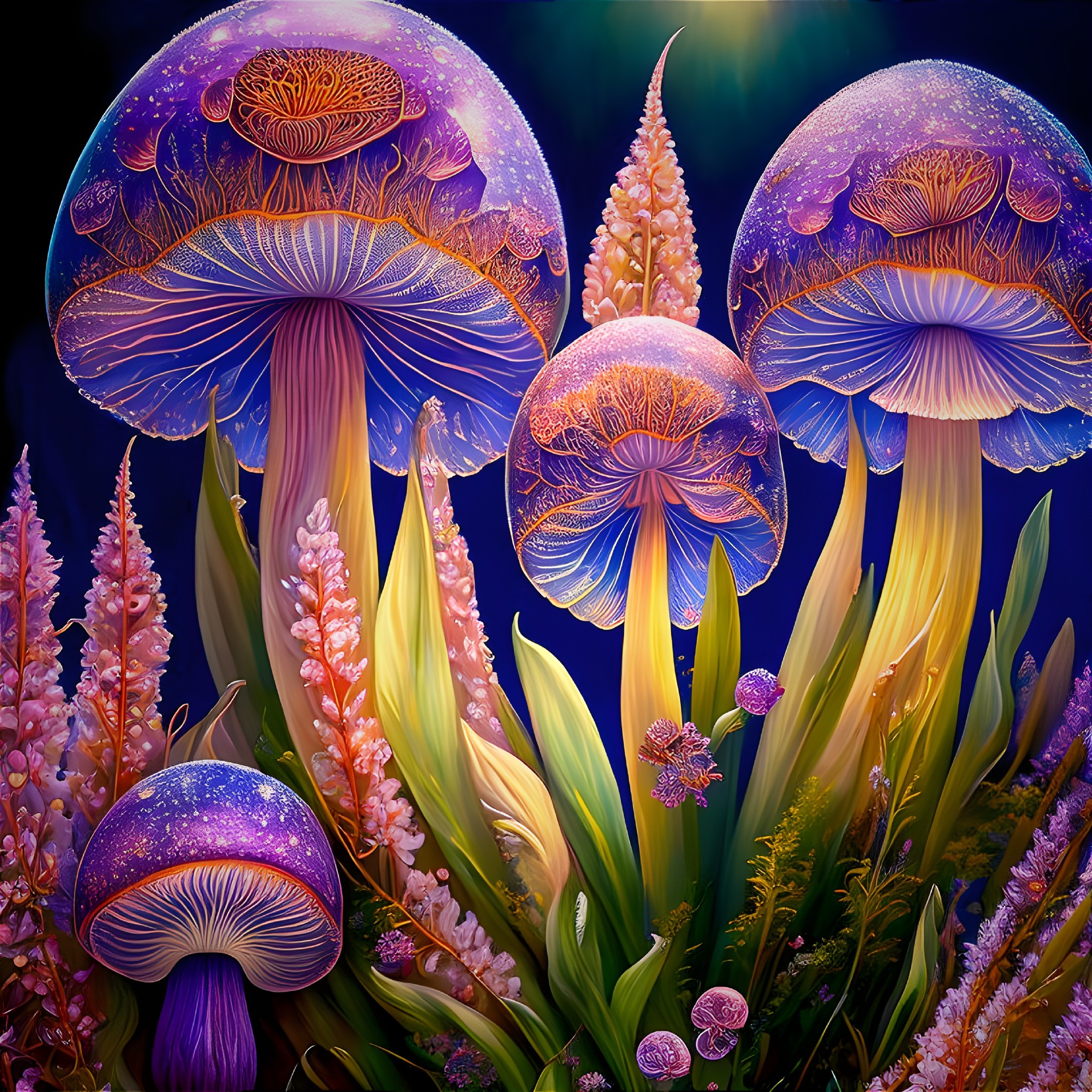 Luminous Mushrooms in a Magical Greenery Scene
