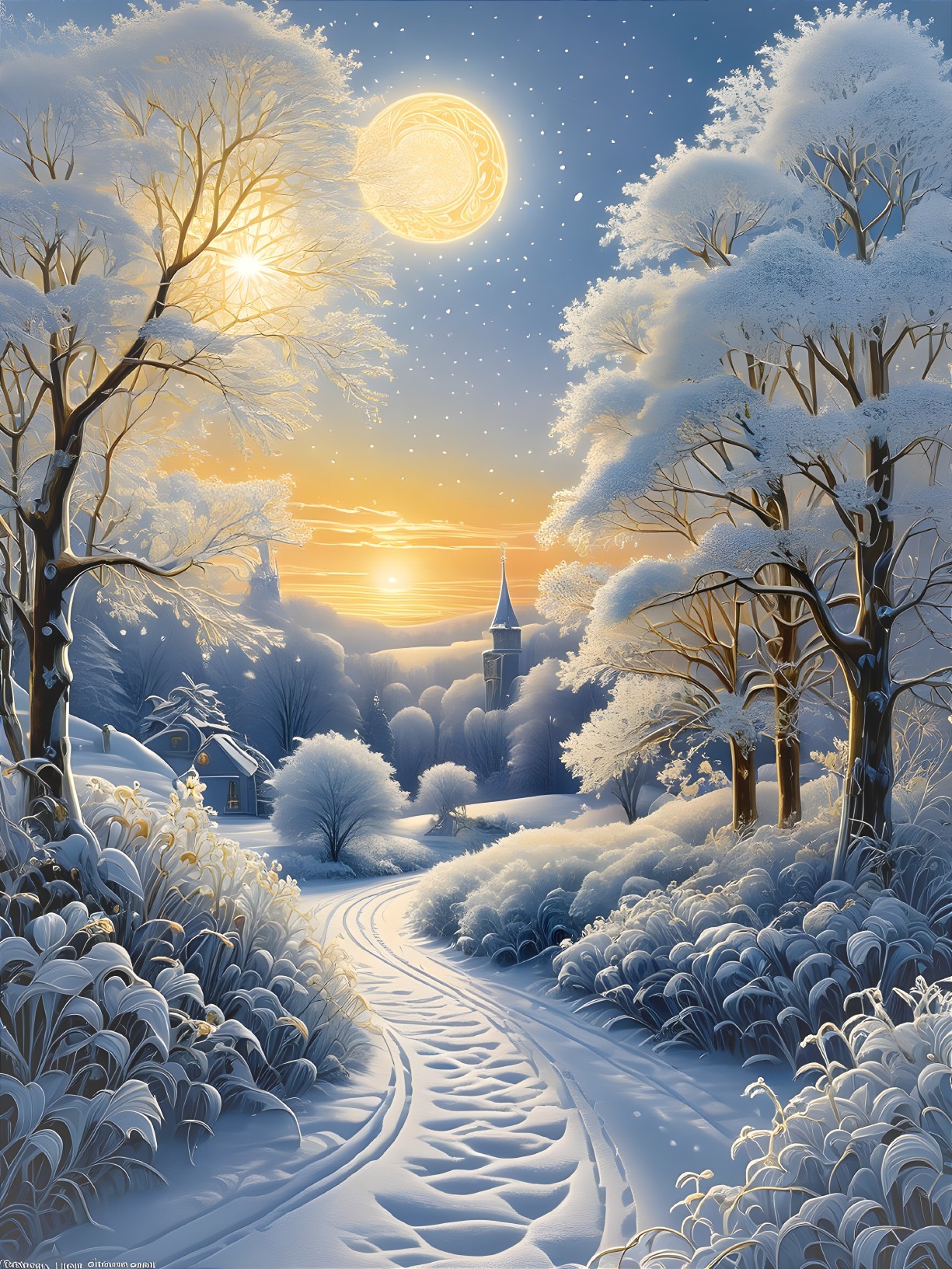 Serene Winter Landscape with Snowy Path and Moonlight