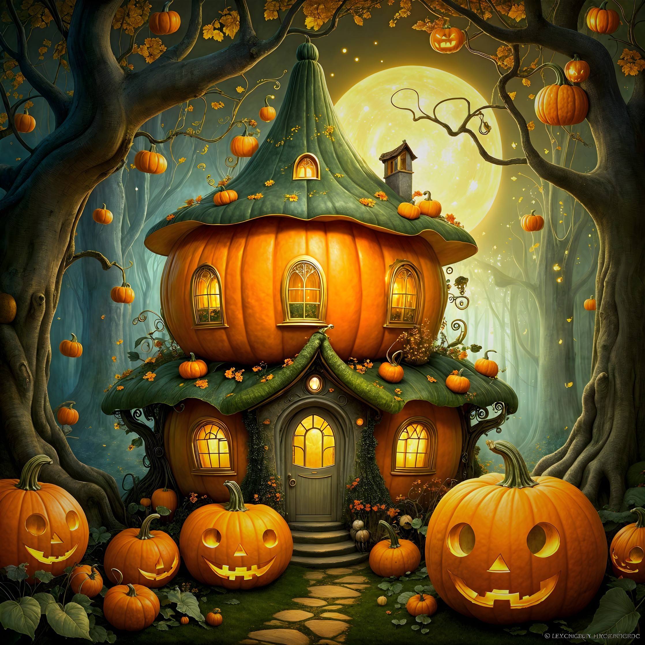 Whimsical Pumpkin-Shaped House in Enchanted Forest