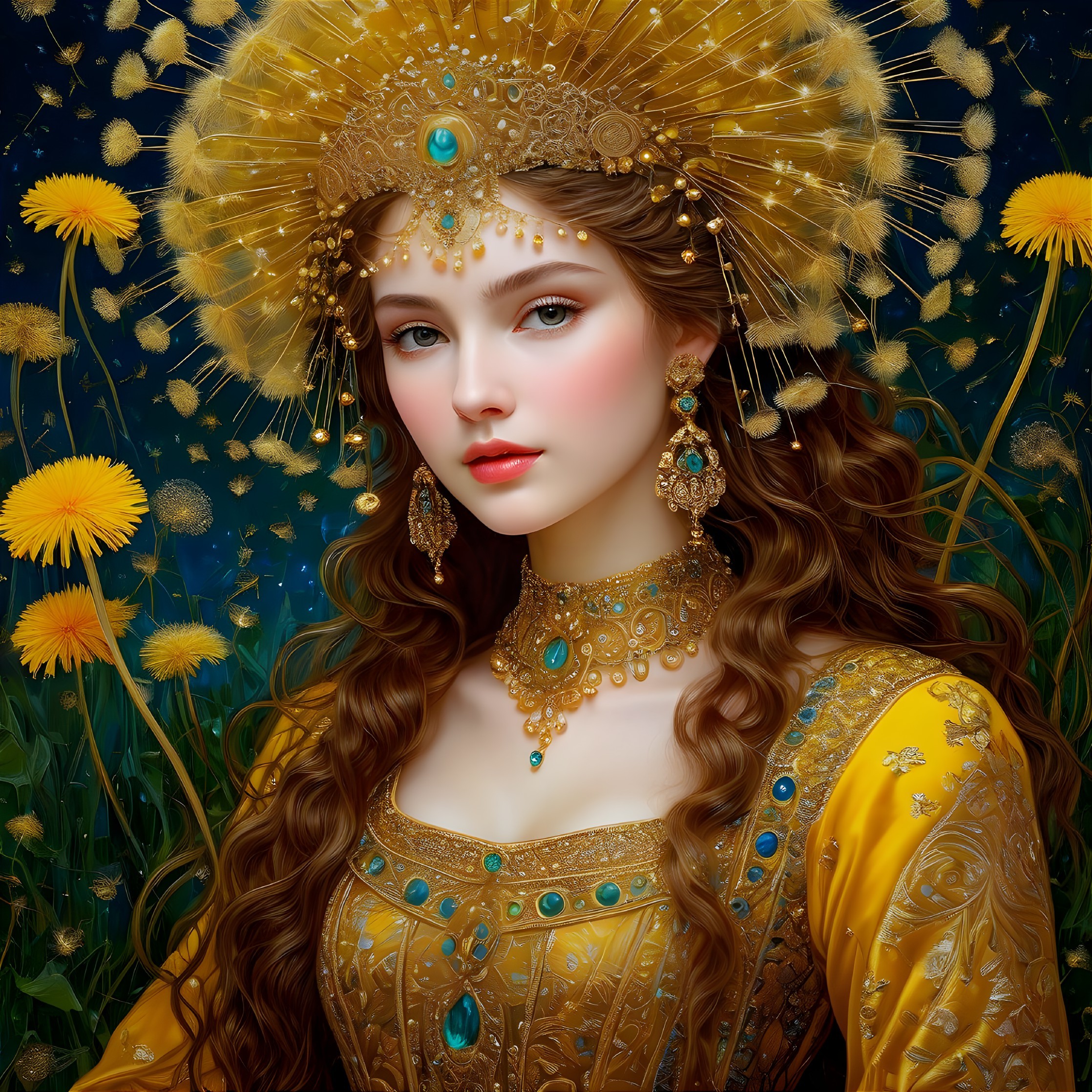 Young woman in golden gown with dandelion backdrop