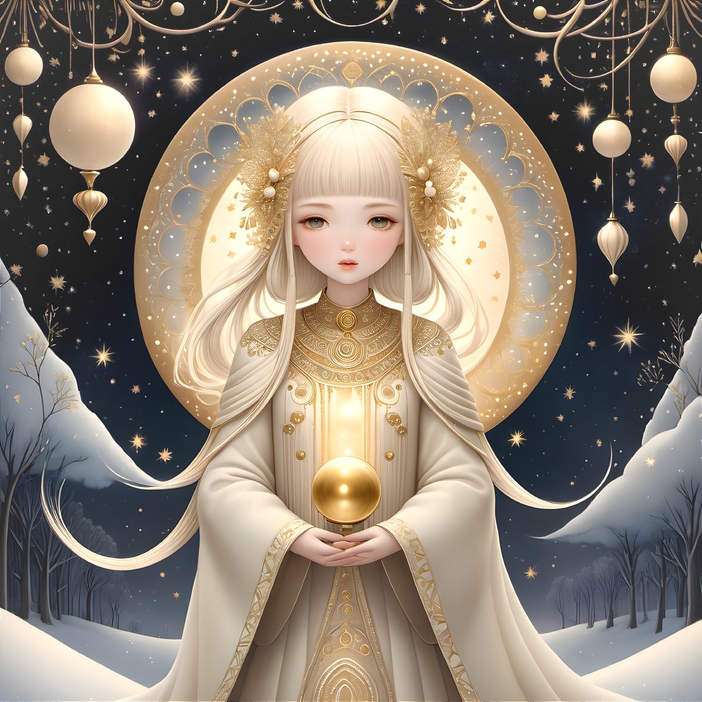 Serene figure in snowy landscape with golden orb