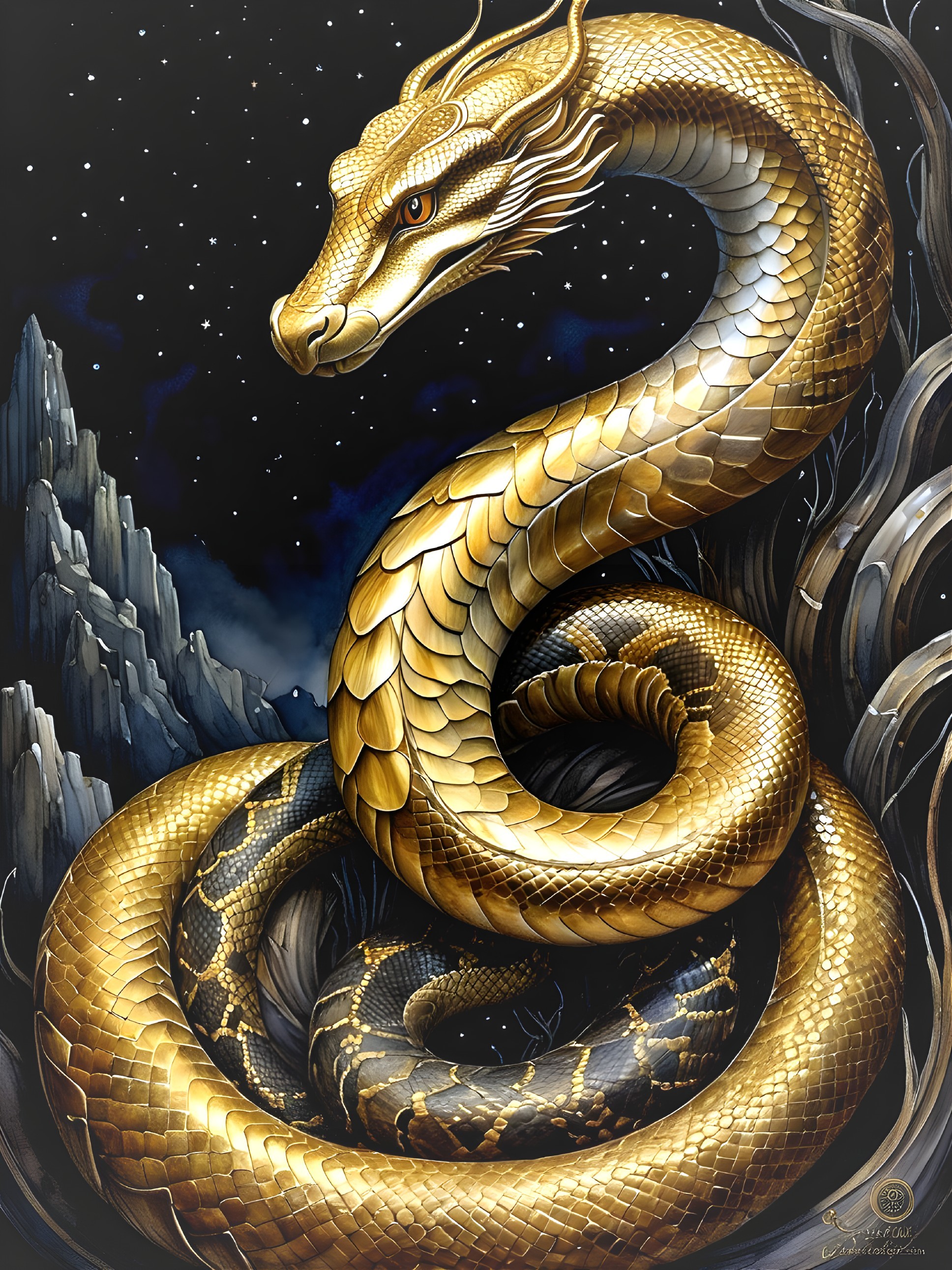Golden Snake Against Dark Starry Background
