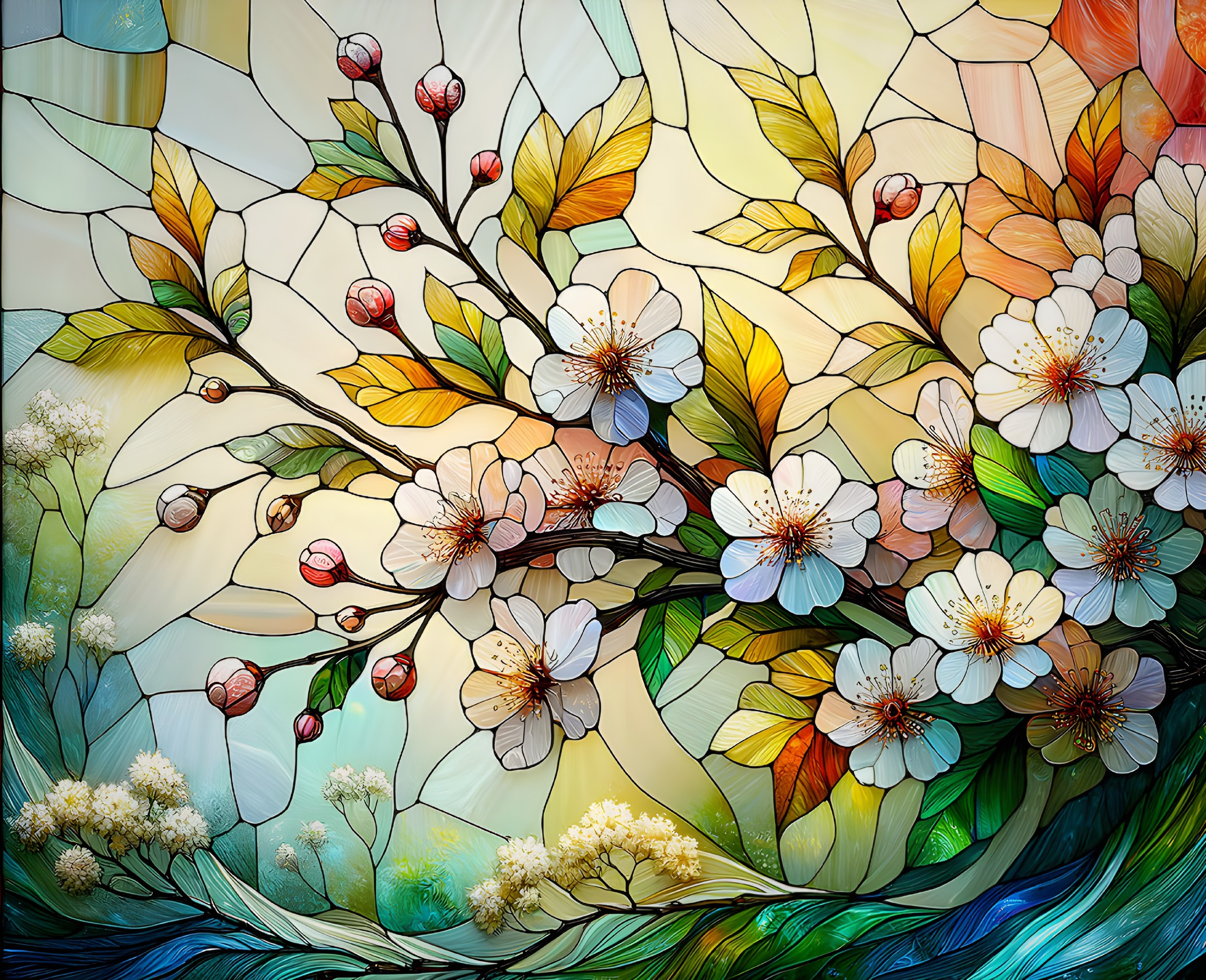 Vibrant Stained Glass Art of Cherry Blossoms and Nature