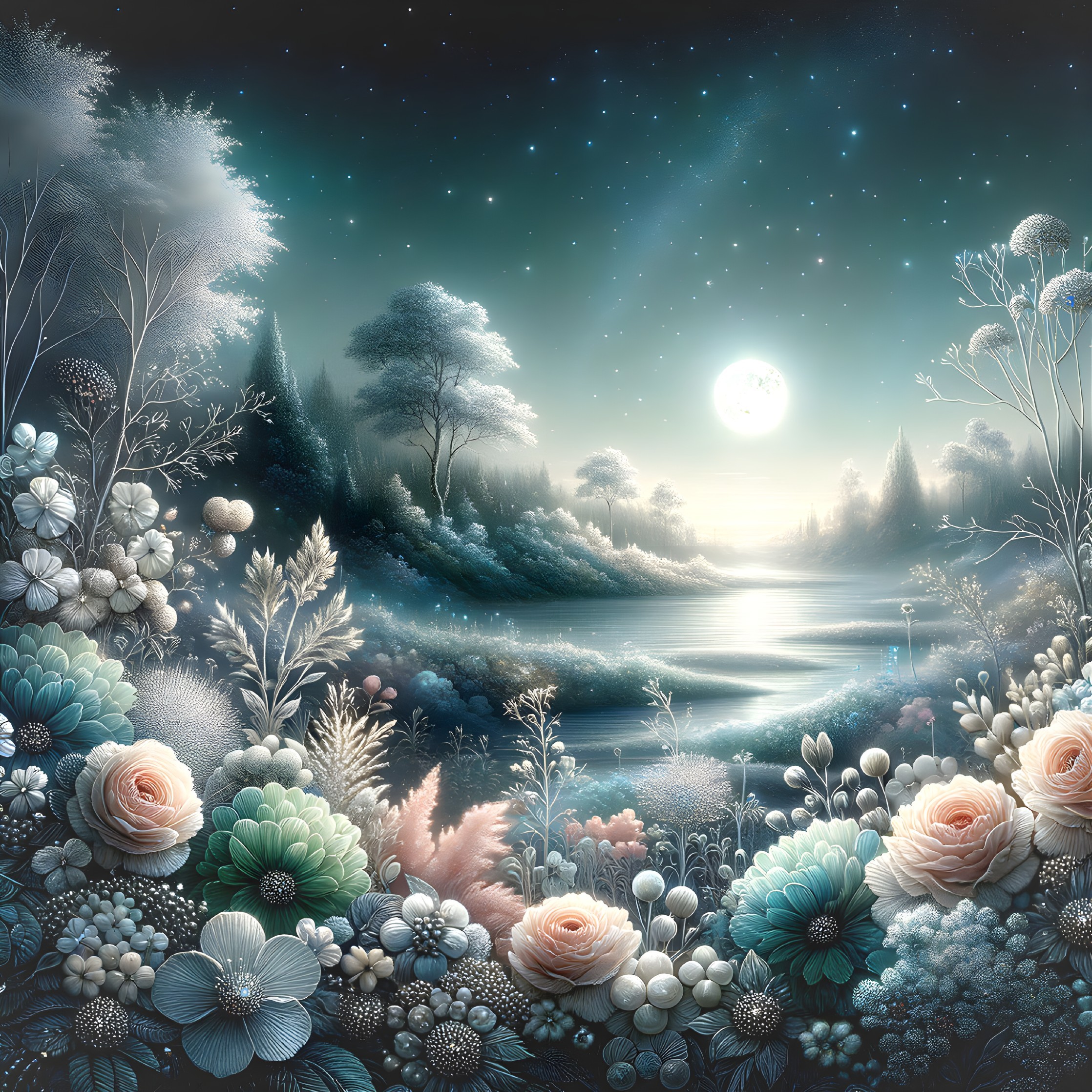 Moonlit Landscape with Tranquil Lake and Flora