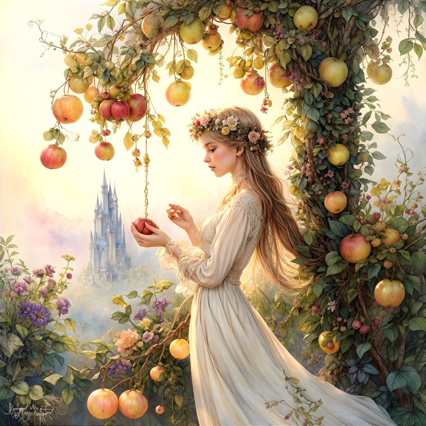 Young woman in garden with apple and castle backdrop