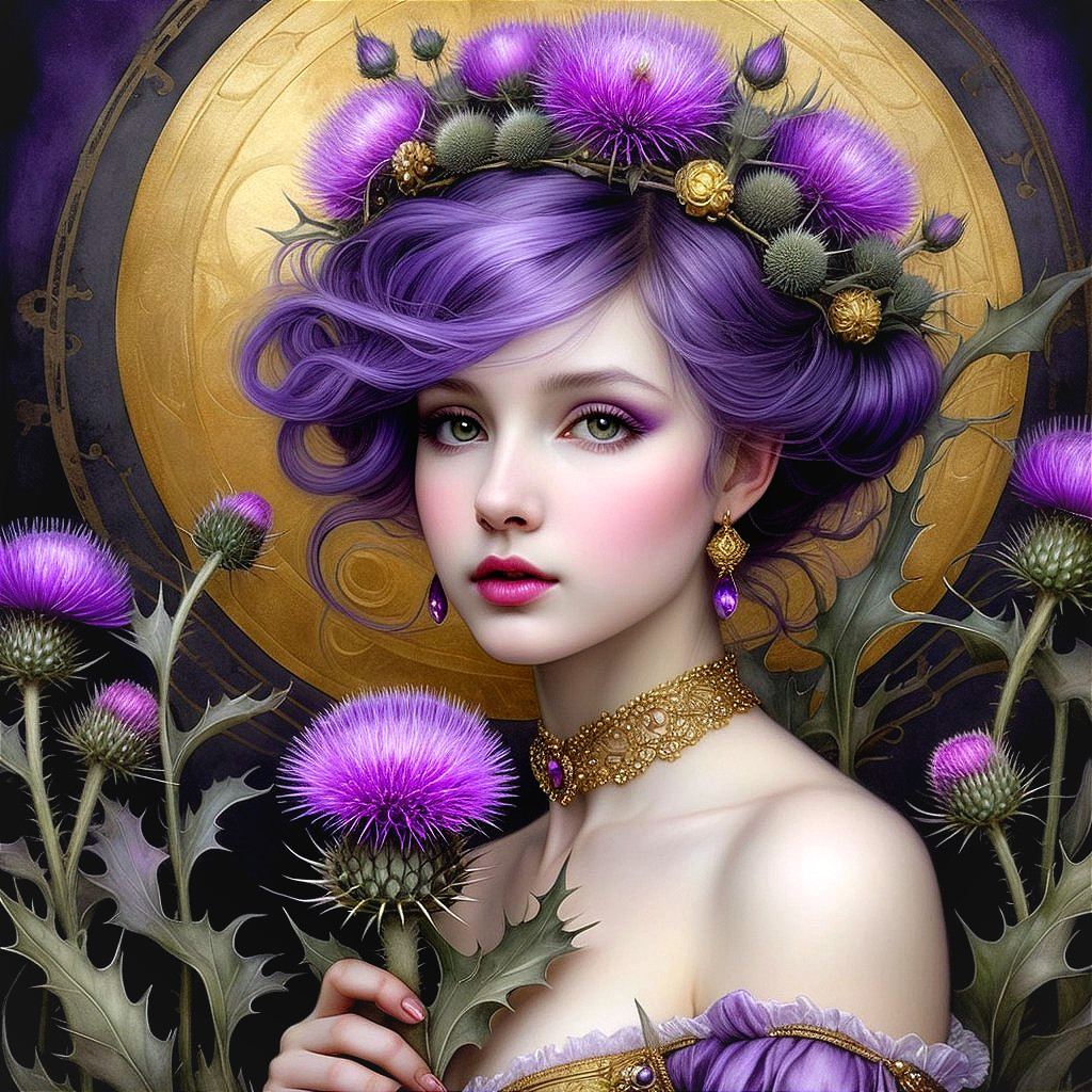 Mystical Portrait of a Young Woman with Purple Hair