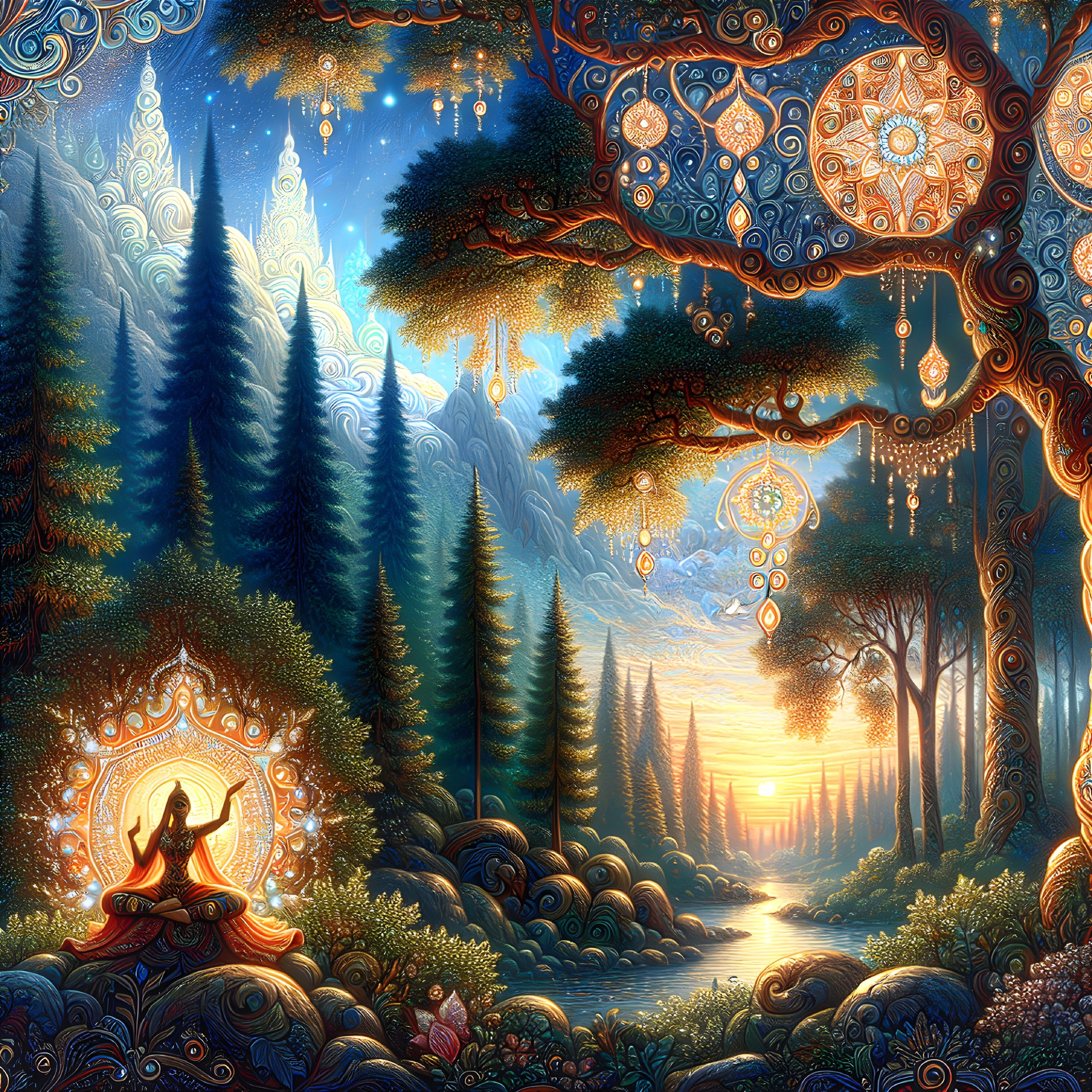 Serene Mystical Landscape with Meditation Figure at Sunset