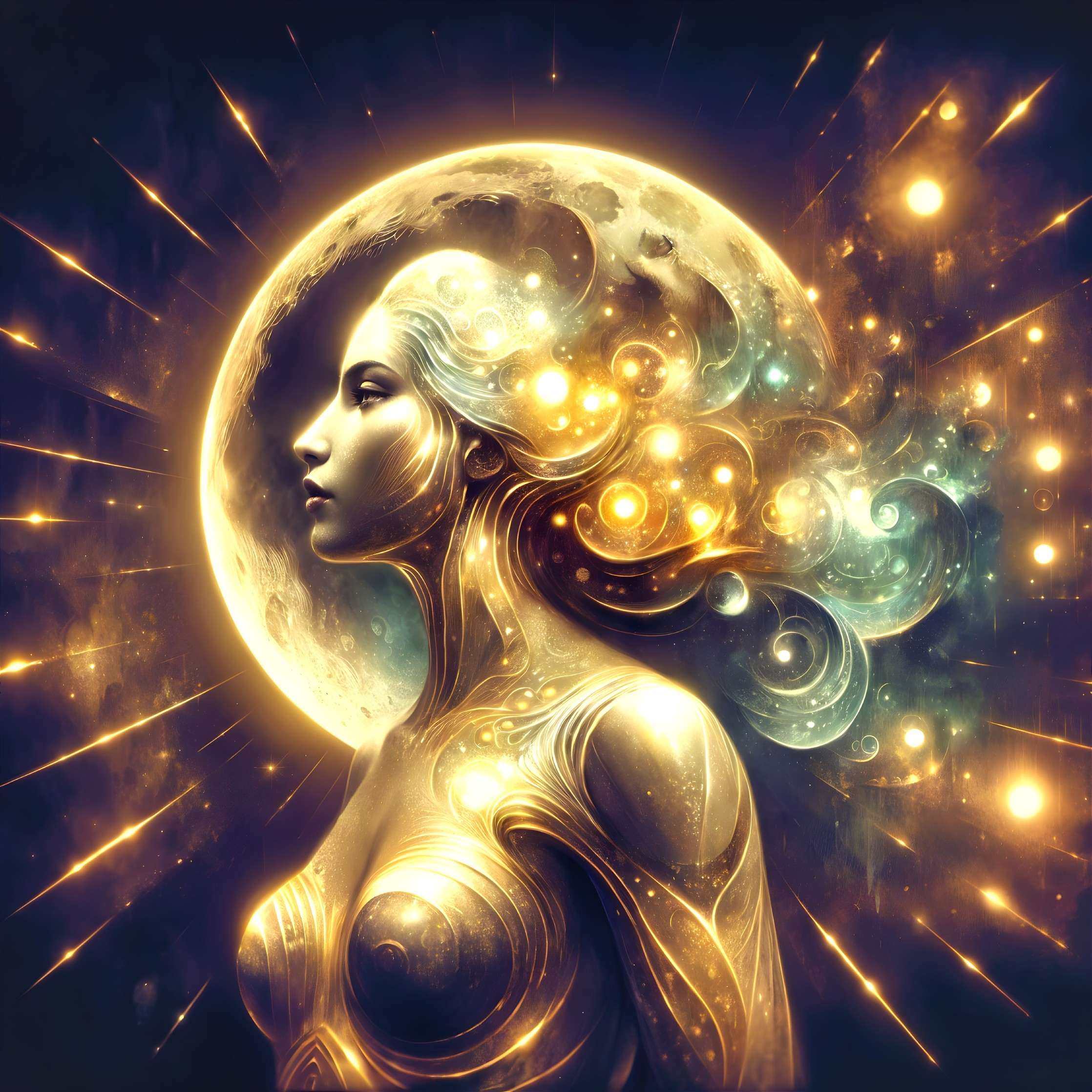 Celestial Figure with Moon and Ethereal Light