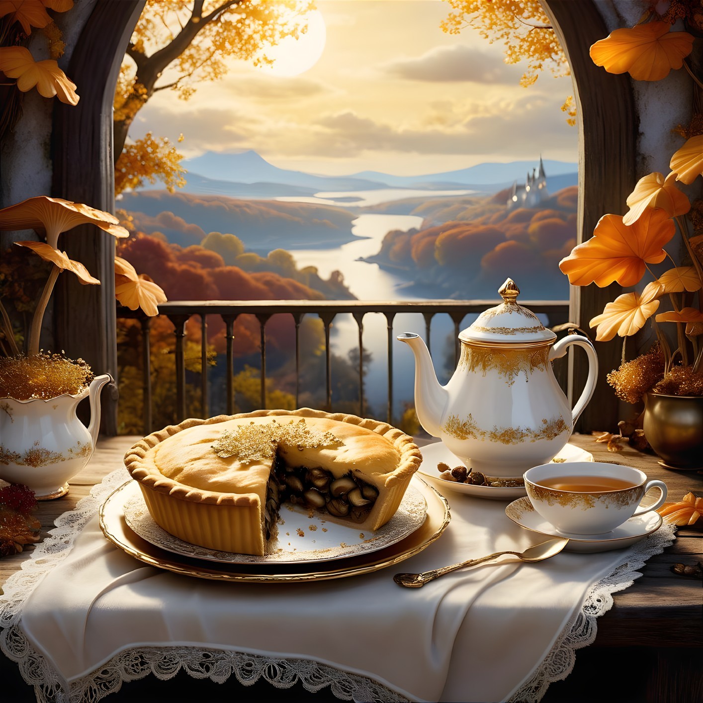 Autumn Balcony Scene with Pie and Elegant Tea Set