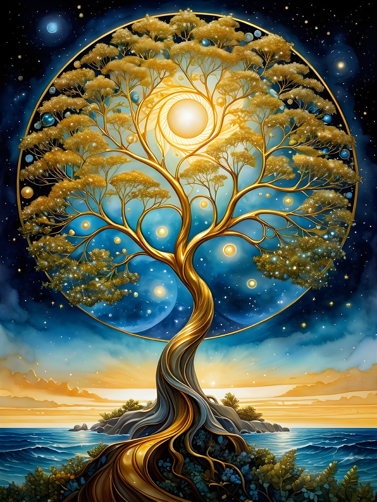 Majestic tree against cosmic backdrop with glowing leaves
