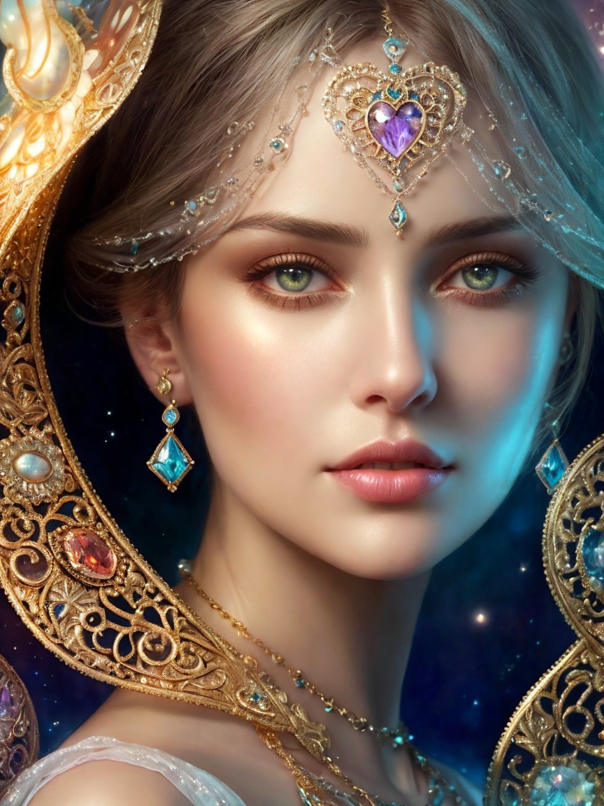 Young woman with green eyes and ornate golden headdress