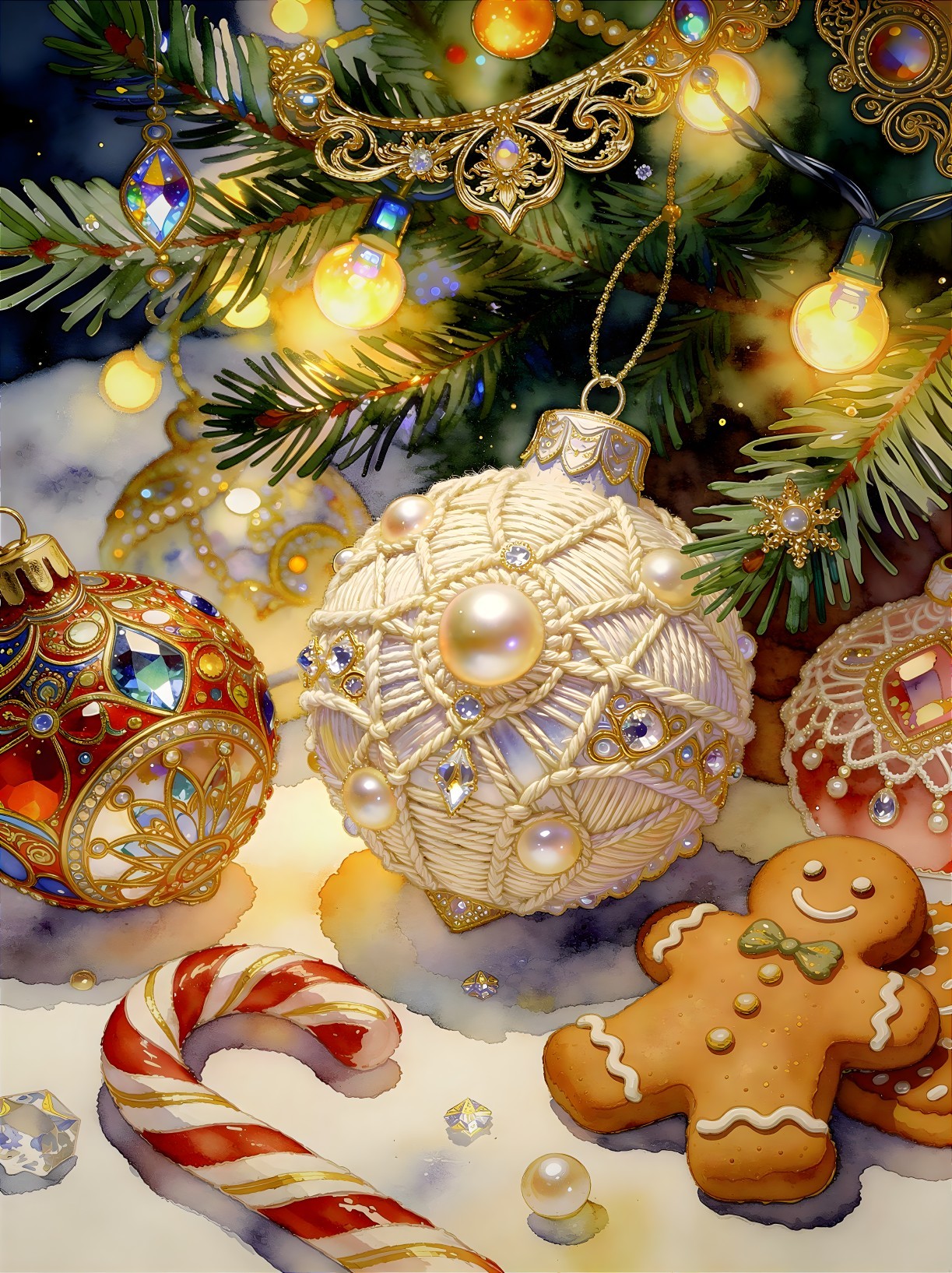 Festive Christmas Scene with Ornaments and Decorations