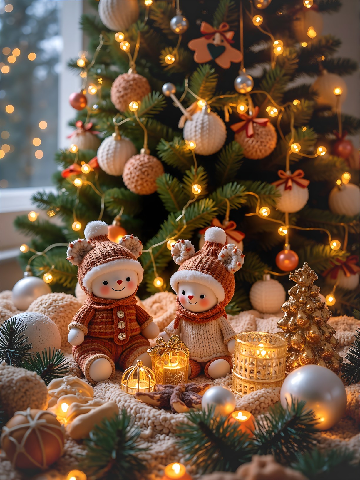 Cozy Snowman Figurines by a Decorated Christmas Tree