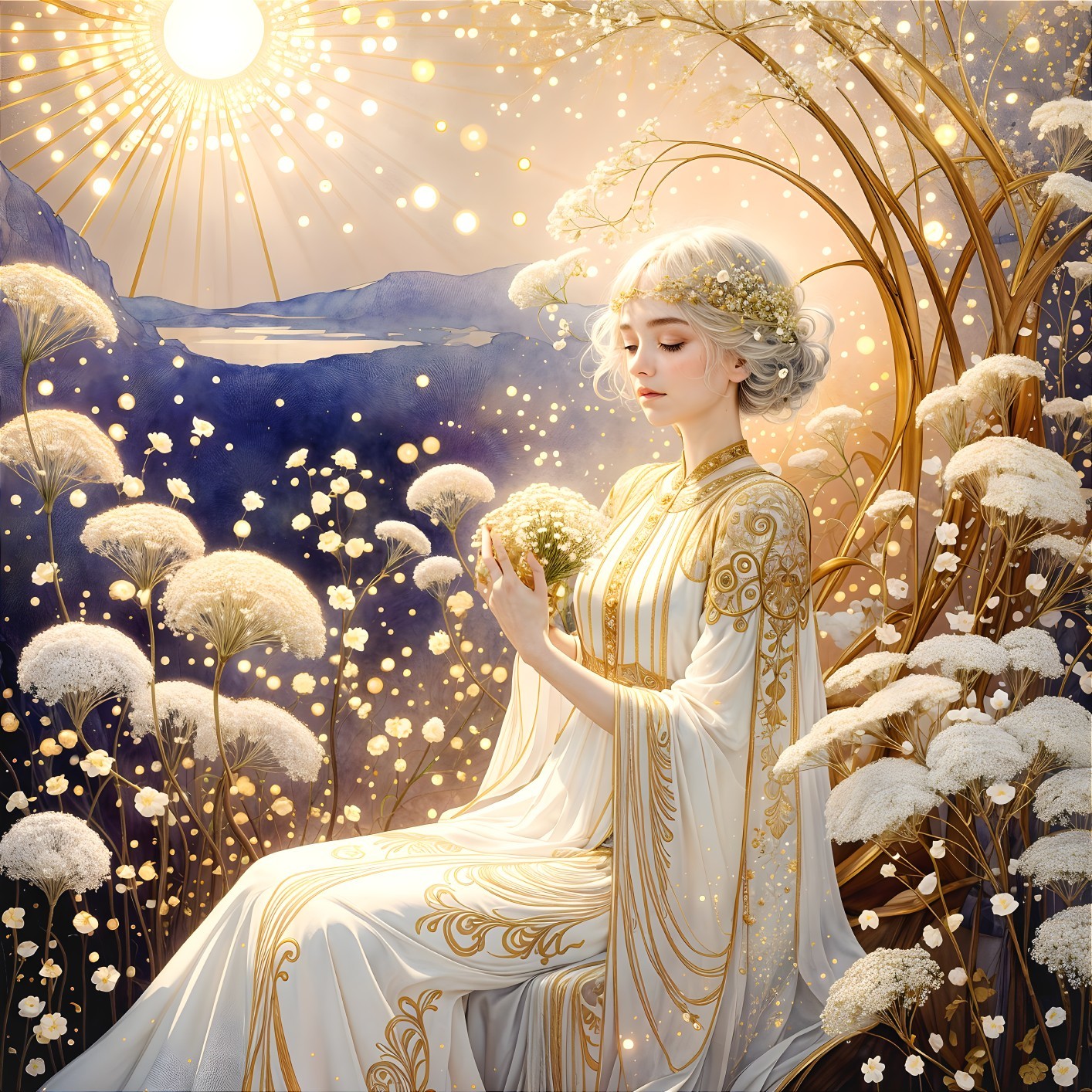 Serene Figure in Ethereal Flora with Golden Gown