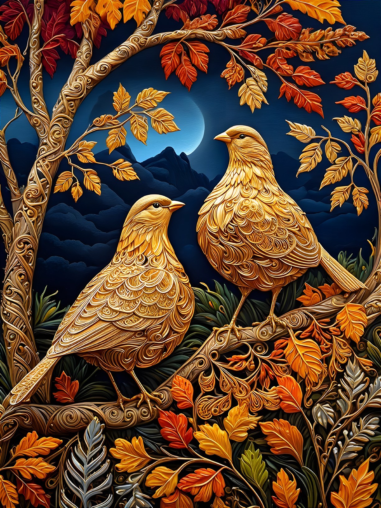 Golden Birds on Branch with Autumn Leaves and Moonlight