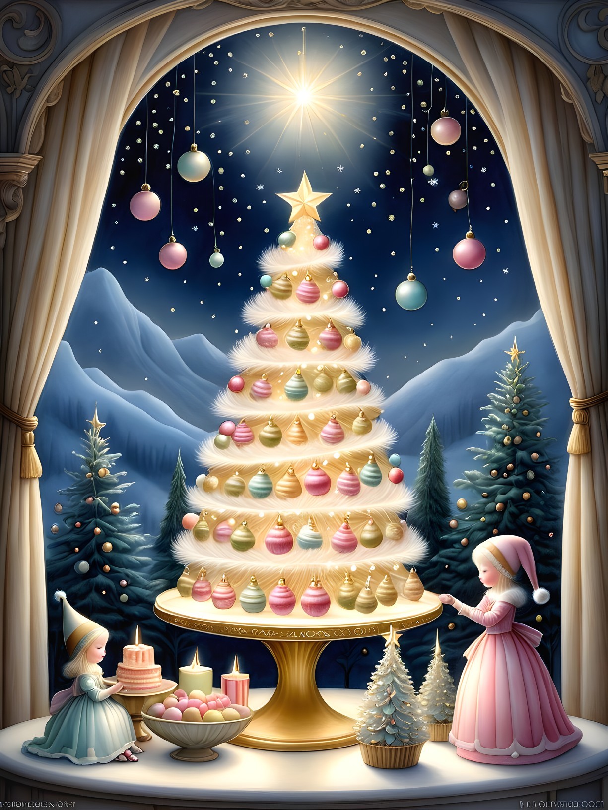 Whimsical Christmas Scene with Cupcake Tree and Girls