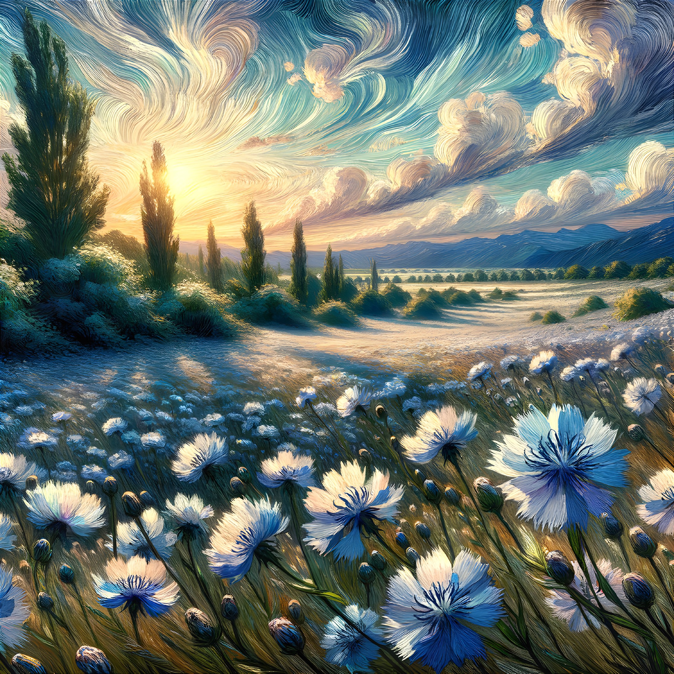 Vibrant Sunrise Landscape with Rolling Hills and Flowers