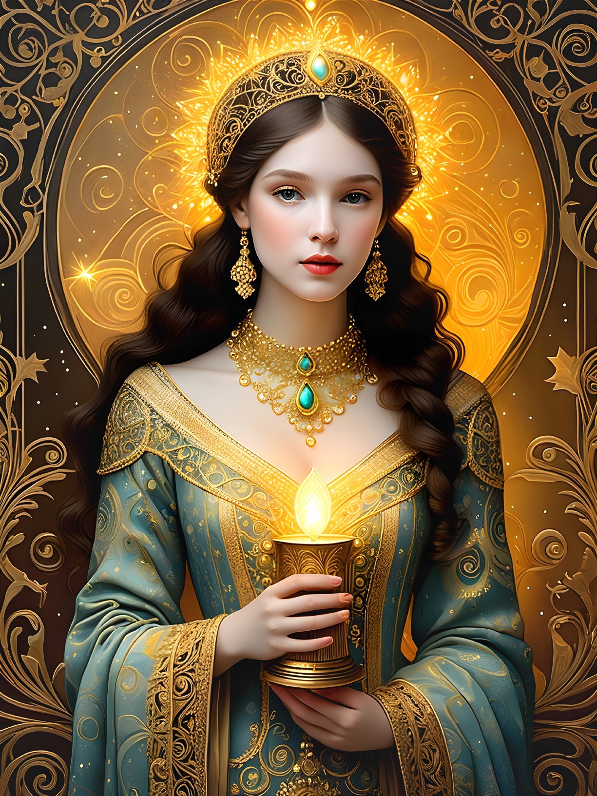 Young woman in turquoise gown holding glowing candle