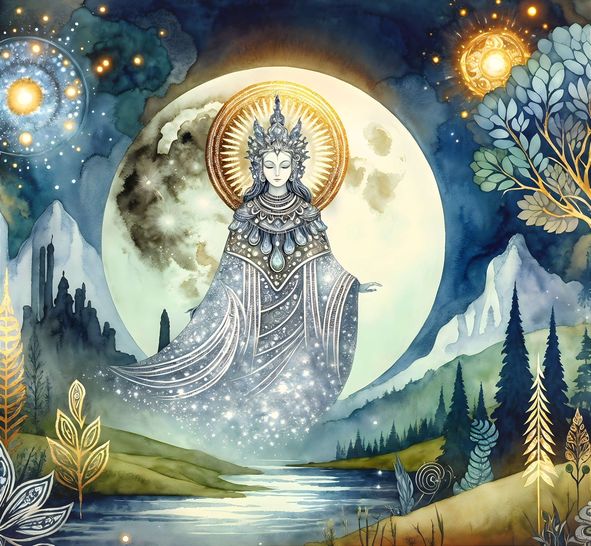 Celestial Figure in Mystical Landscape with Moonlight