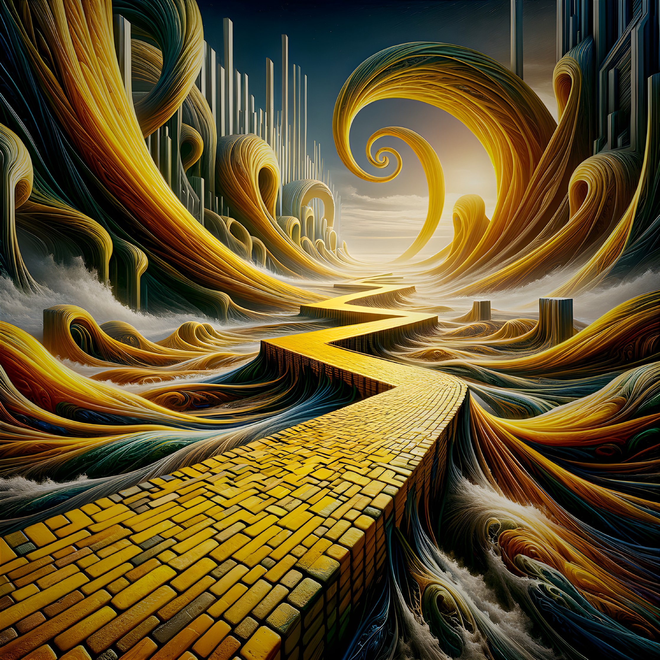 Surreal Landscape with Colorful Waves and Abstract Structures