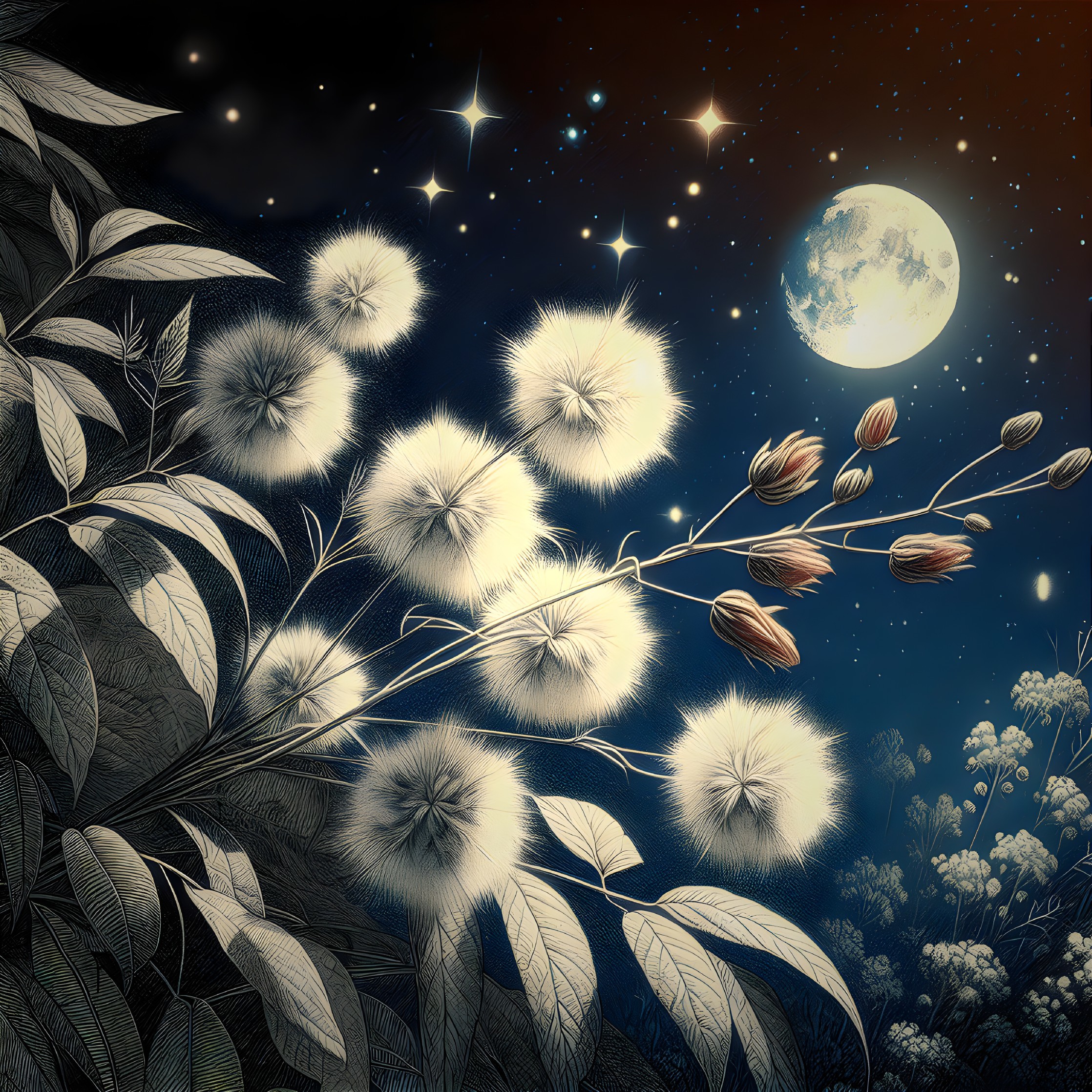 Serene Night Scene with Moonlit White Flowers