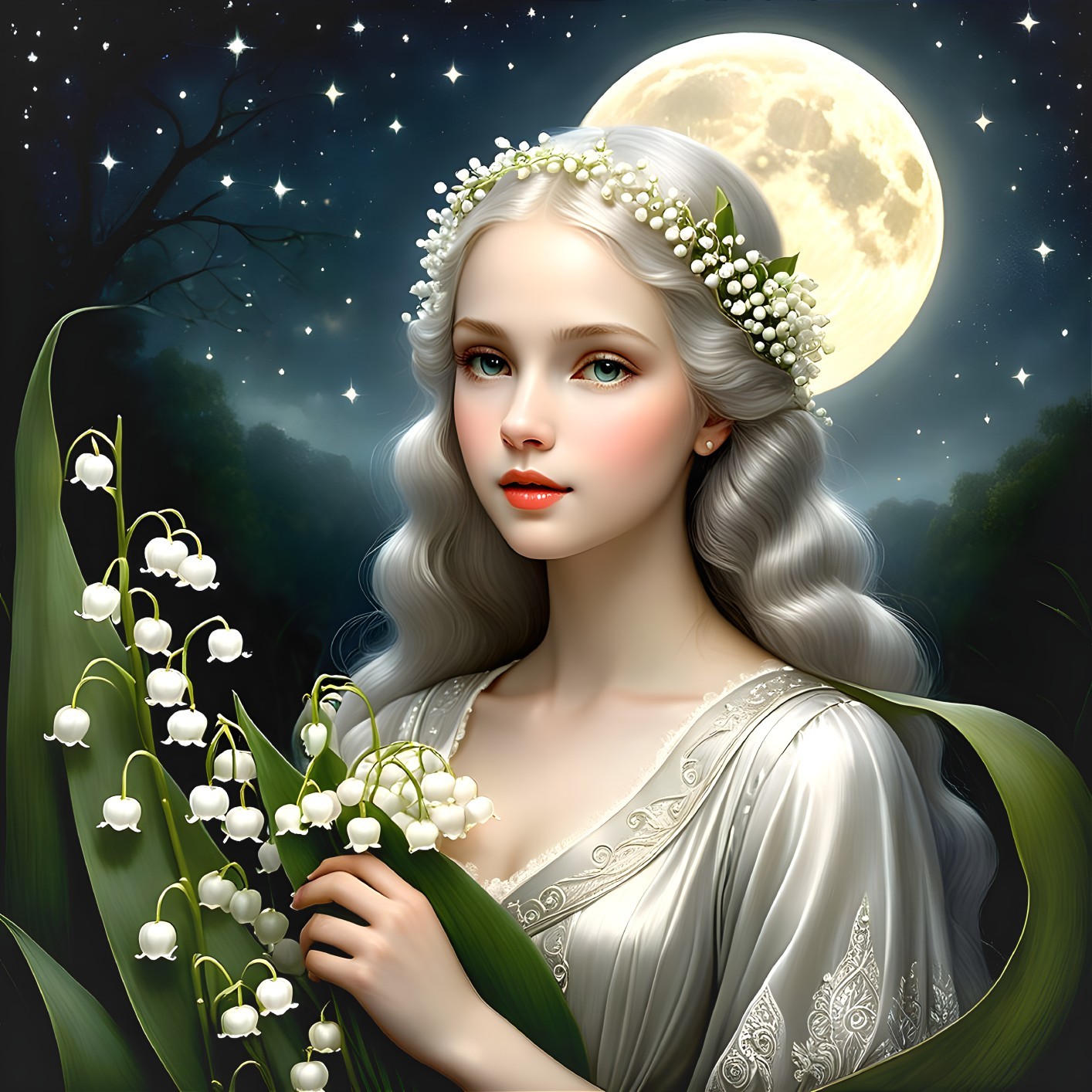 Young Woman with Silver Hair in Moonlit Garden