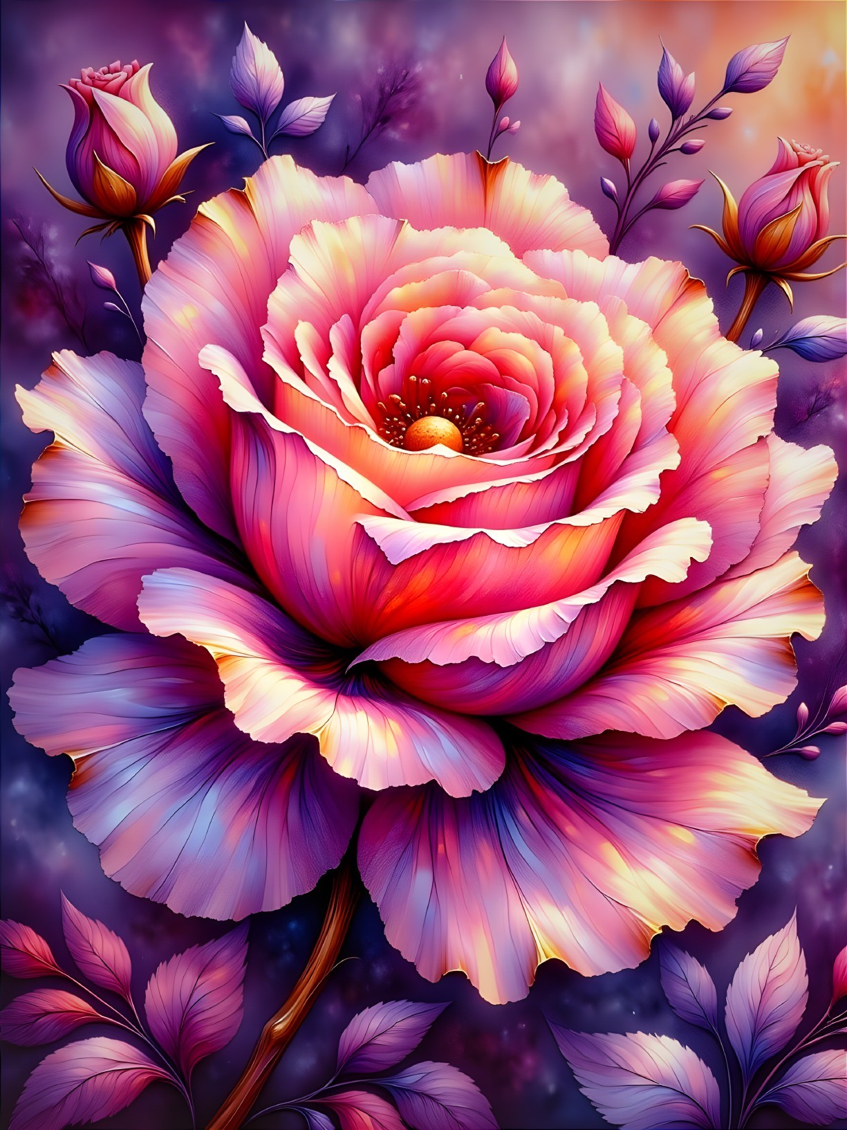 Oversized Rose with Pink and Purple Hues in Cosmic Setting