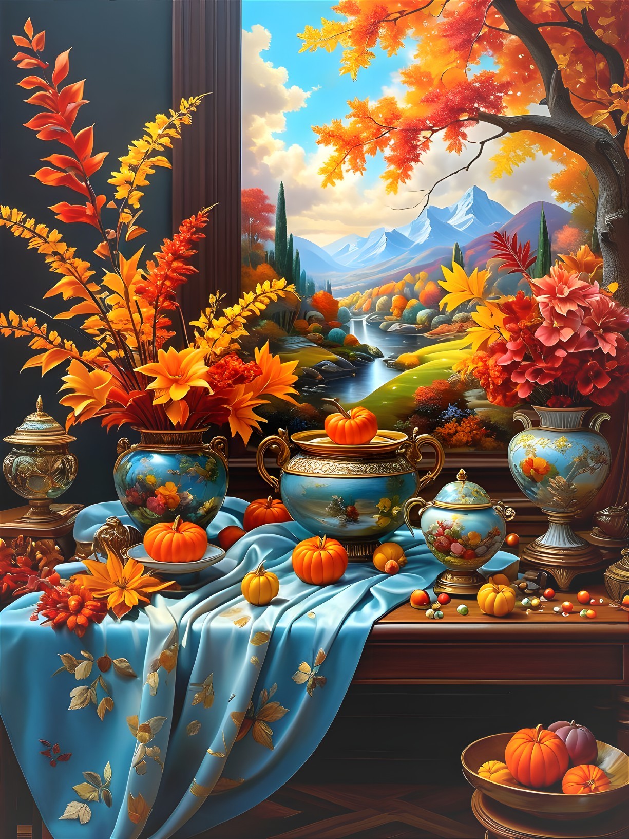 Vibrant Autumn Table Decor with Foliage and Pumpkins