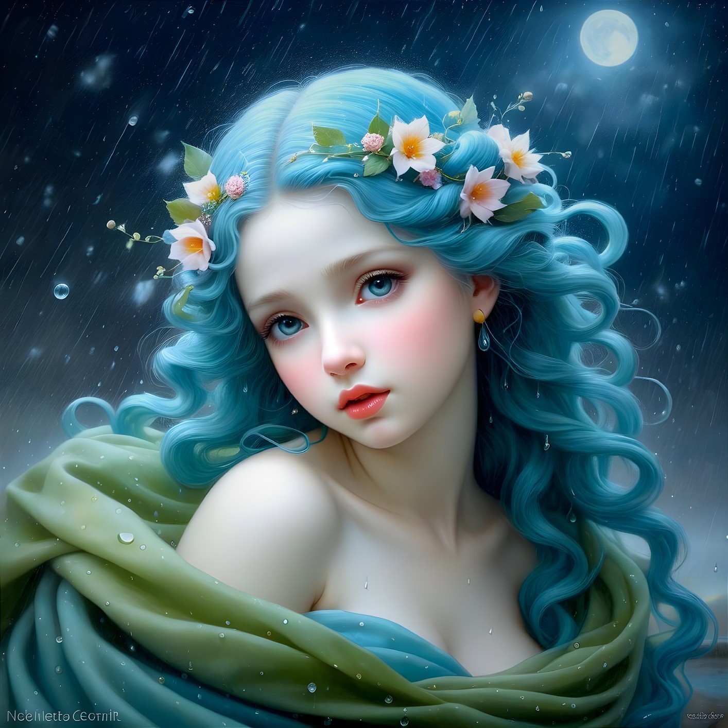 Young woman with blue hair in serene moonlit setting
