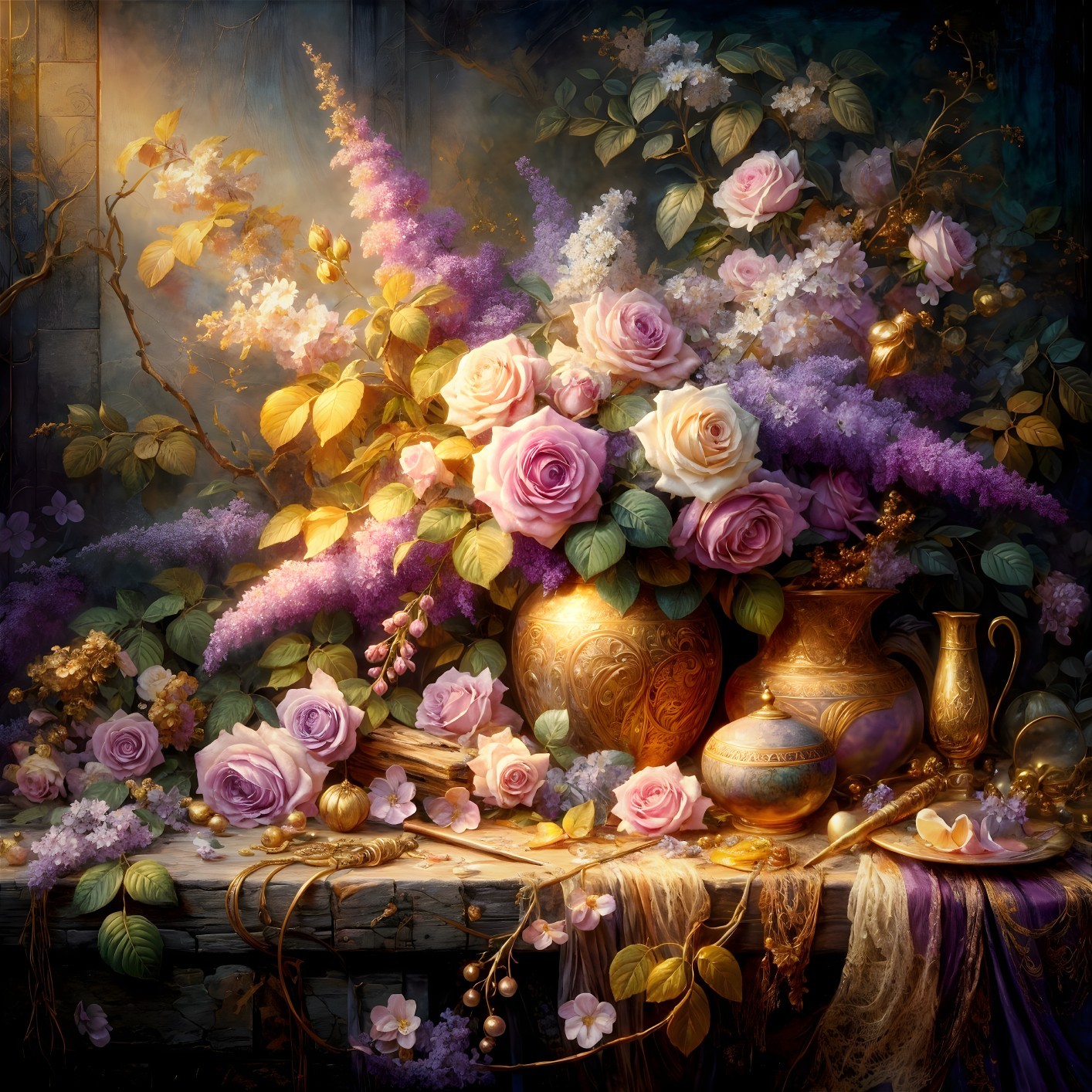 Lush Bouquet of Pink and Purple Roses in Golden Vase