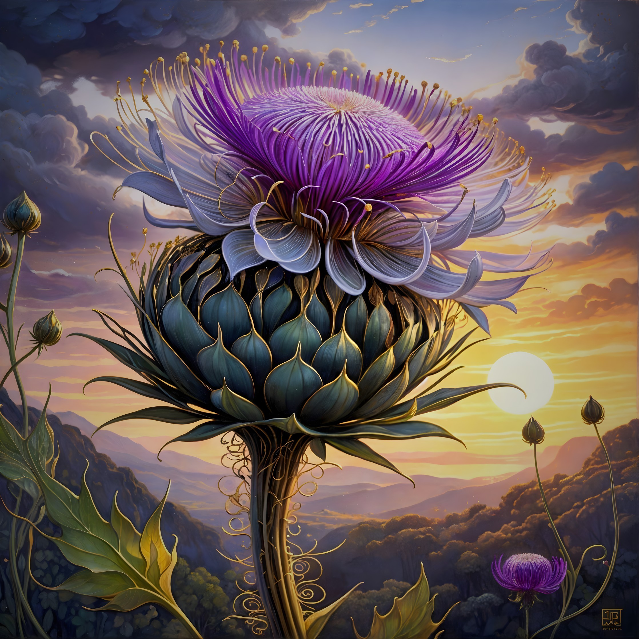 Fantastical Flower in Serene Sunset Landscape