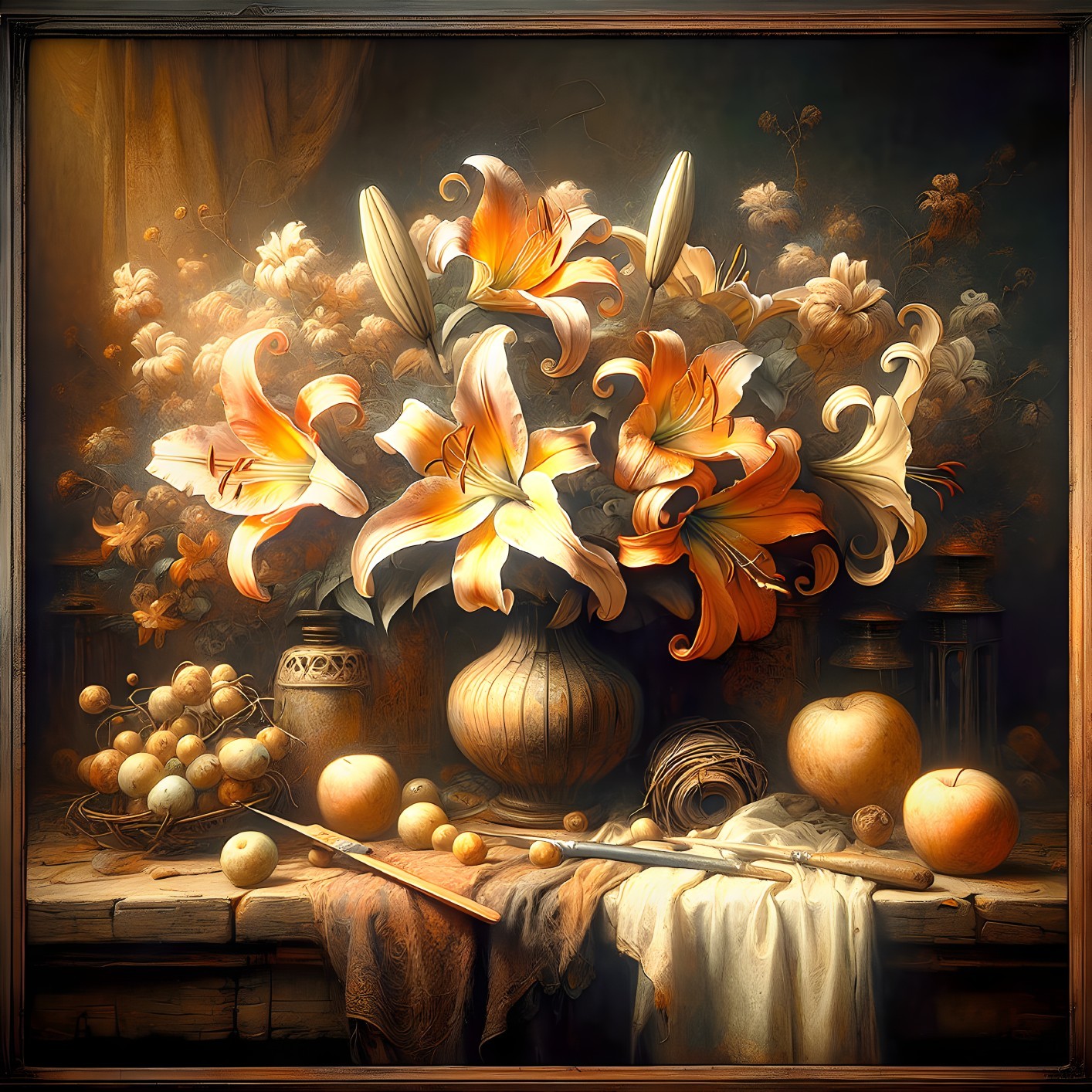 Vibrant Orange Lilies in Ornate Vase Still Life
