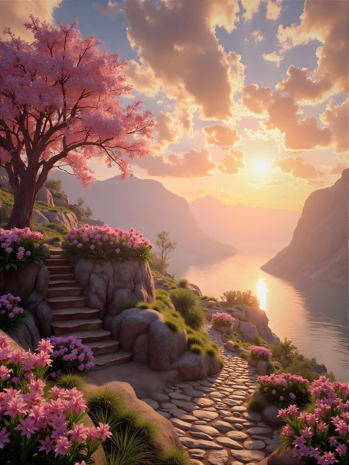 Serene Landscape with Winding Path and Tranquil Lake