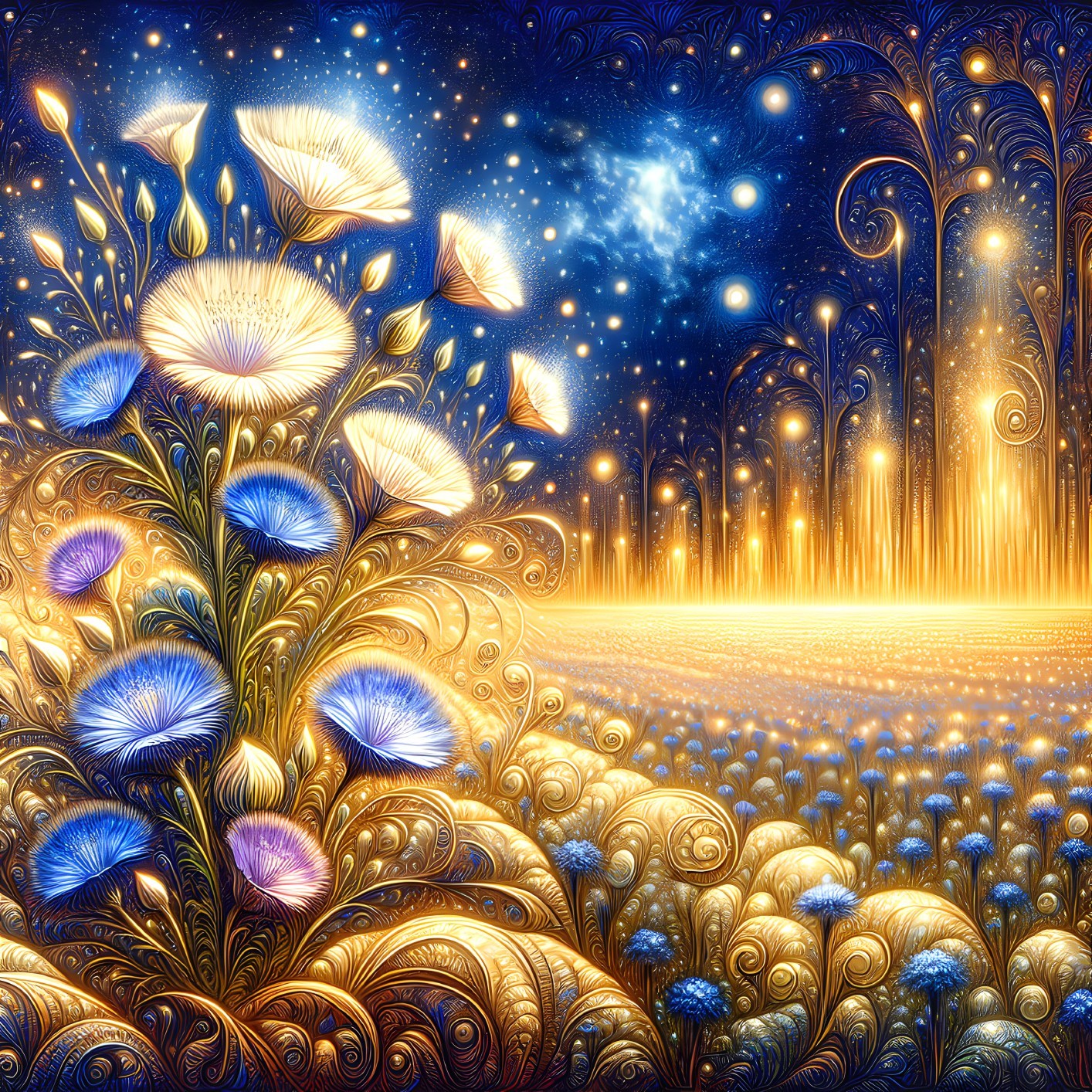 Vibrant Dreamlike Landscape with Blue and Gold Flowers