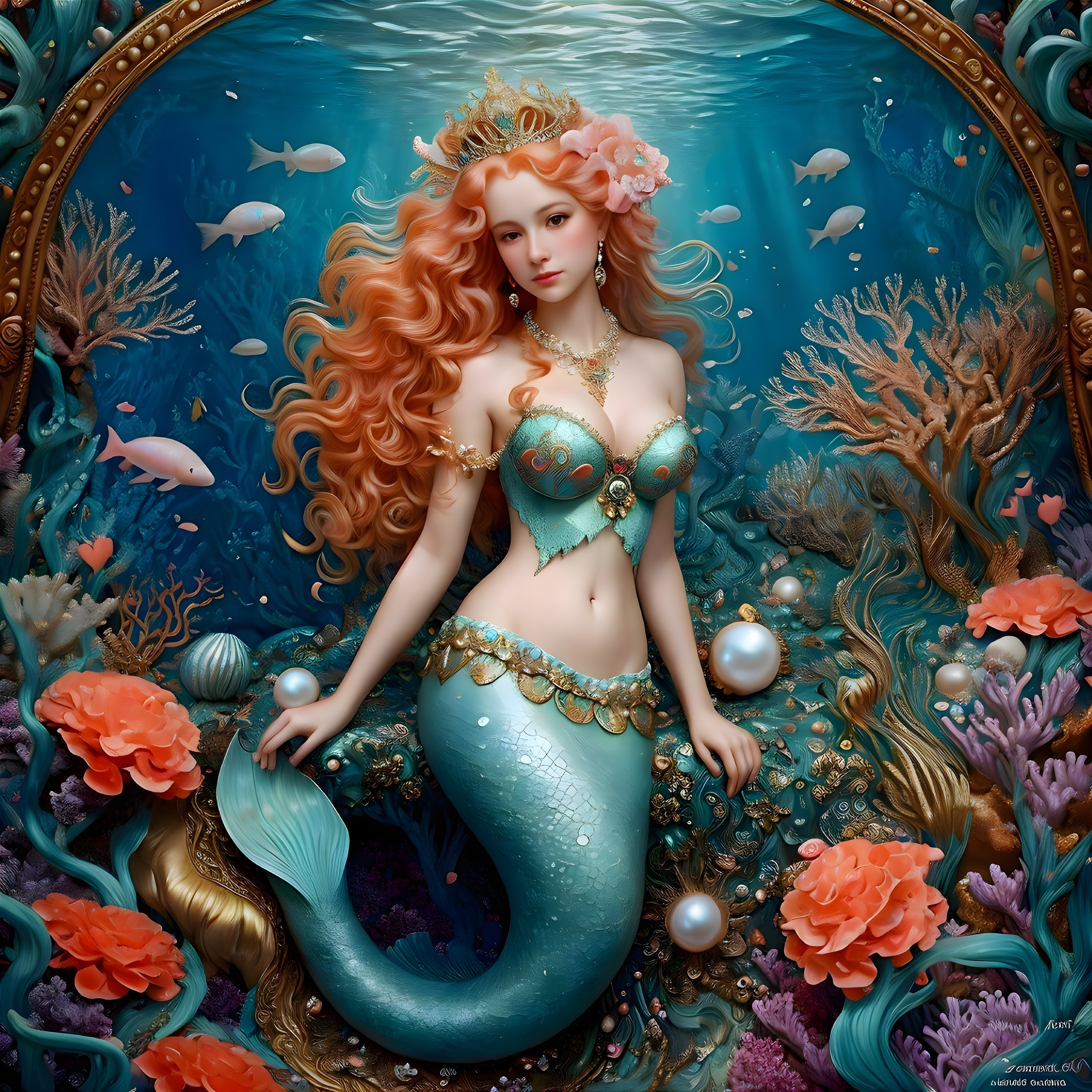 Mermaid in Coral Reefs with Colorful Sea Life