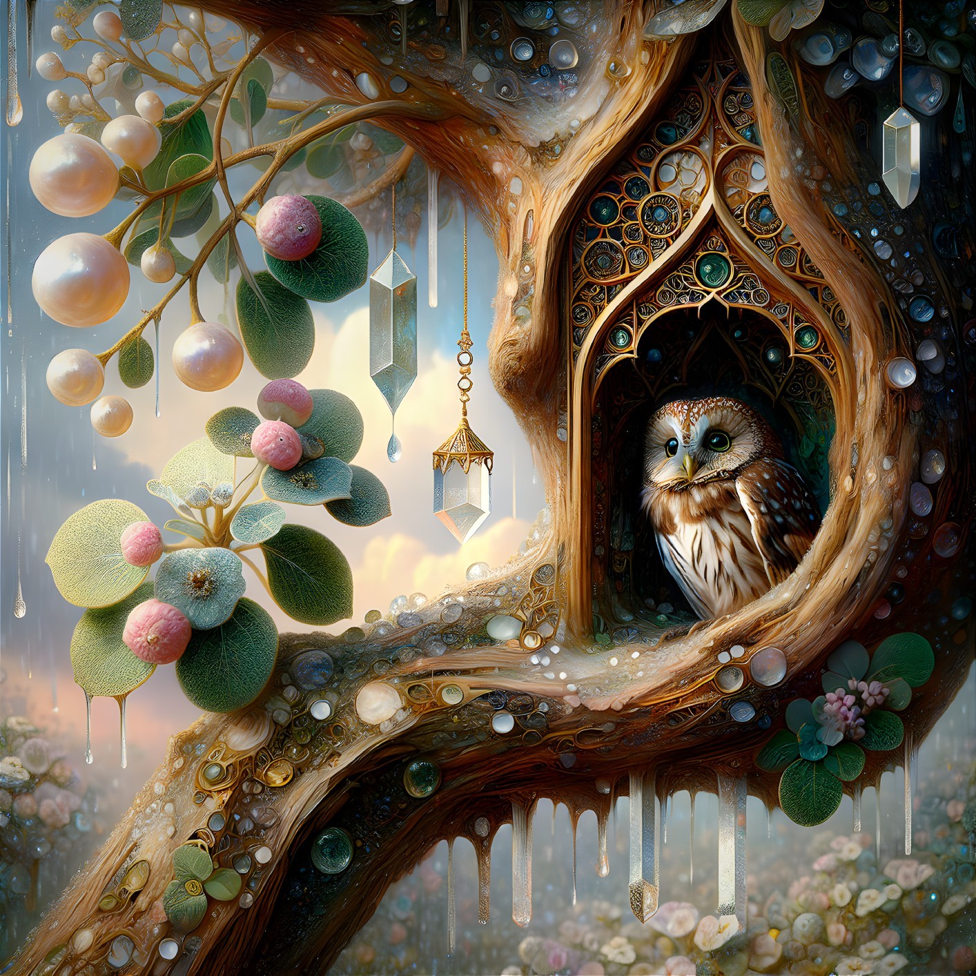 Whimsical Tree with Intricate Branches and Owl Nest
