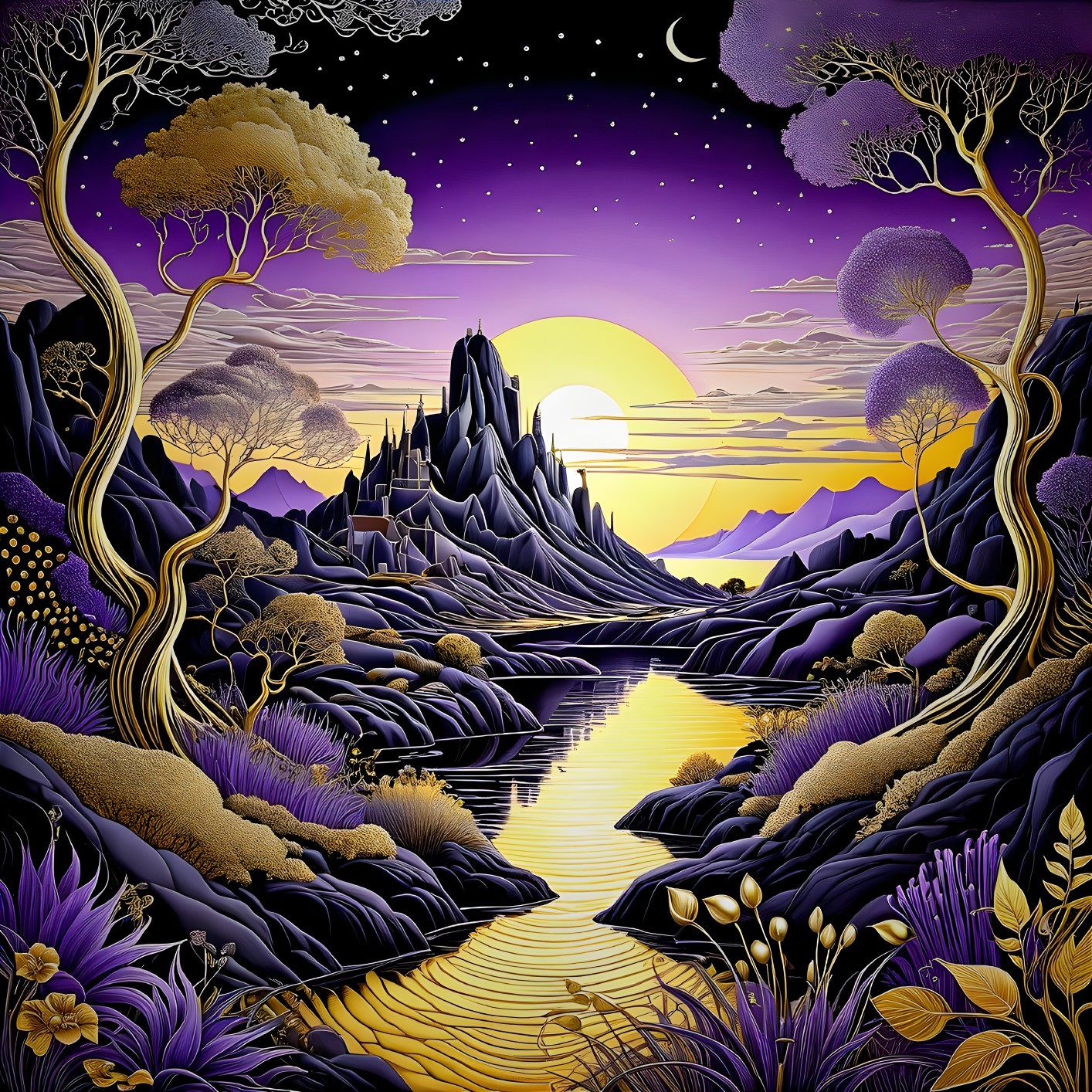 Vibrant Stylized Landscape with Sunset and Mountains