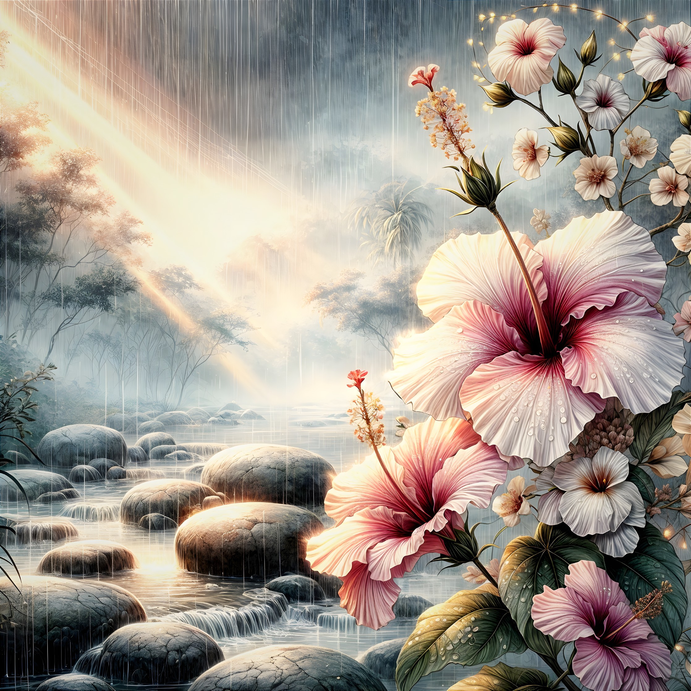 Serene Landscape with Hibiscus Flowers and Stream